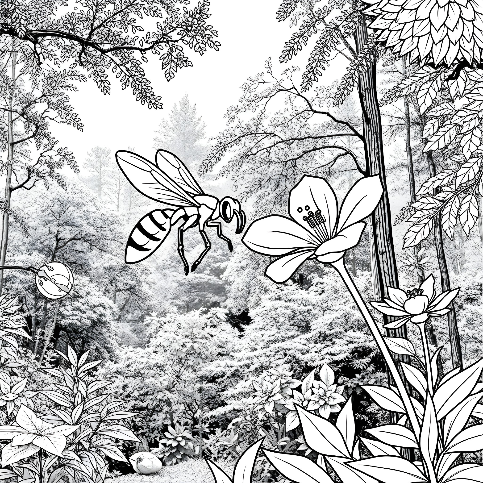 Wasp flying amidst diverse flowers in the forest Coloring Page (free black-and-white line drawing printable PDF for all, from beginners to advanced learners, including children, teens, adults, and seniors)