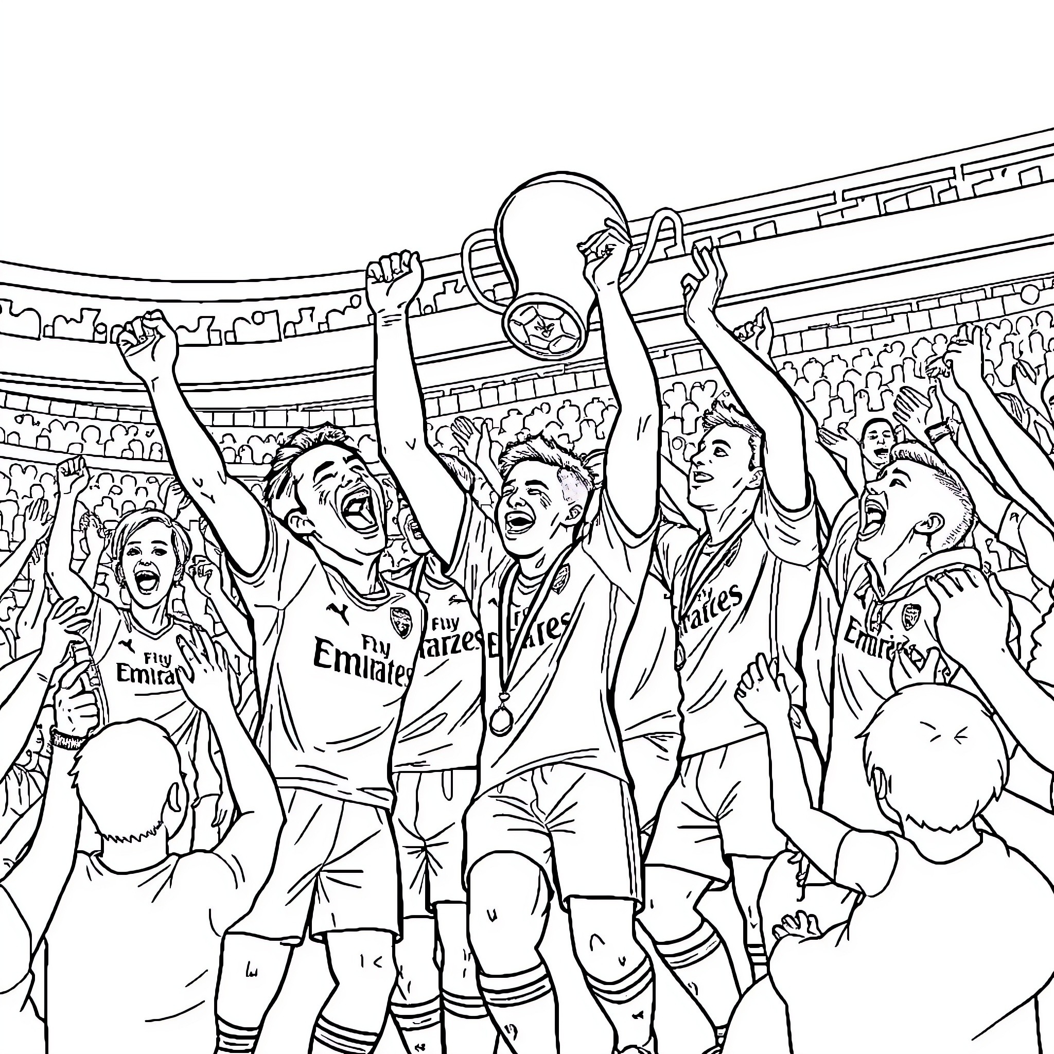 Arsenal Players Celebrating Victory in Stadium Coloring Page (free black-and-white line drawing printable PDF for all, from beginners to advanced learners, including children, teens, adults, and seniors)