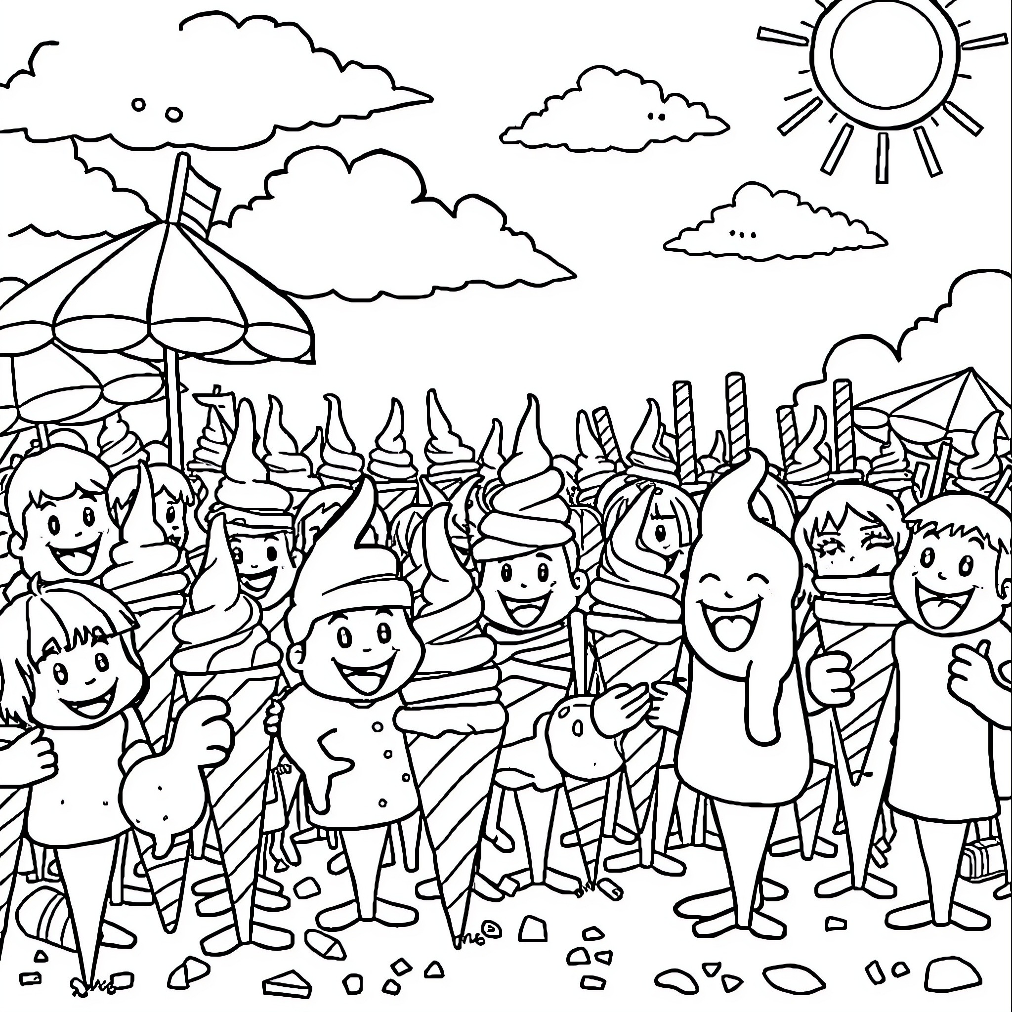 Character group enjoys a sunny day outdoors Coloring Page (free black-and-white line drawing printable PDF for all, from beginners to advanced learners, including children, teens, adults, and seniors)