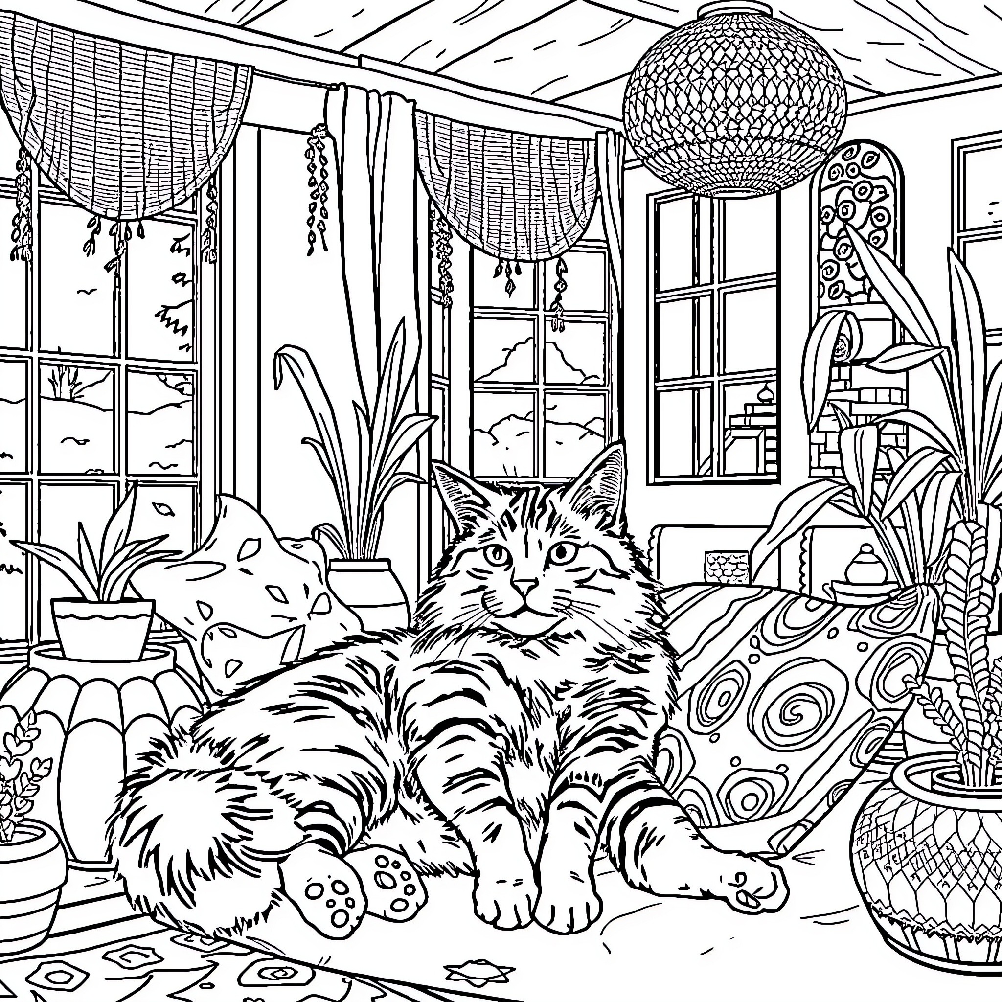 Maine Coon cat relaxing in cozy home environment Coloring Page (free black-and-white line drawing printable PDF for all, from beginners to advanced learners, including children, teens, adults, and seniors)