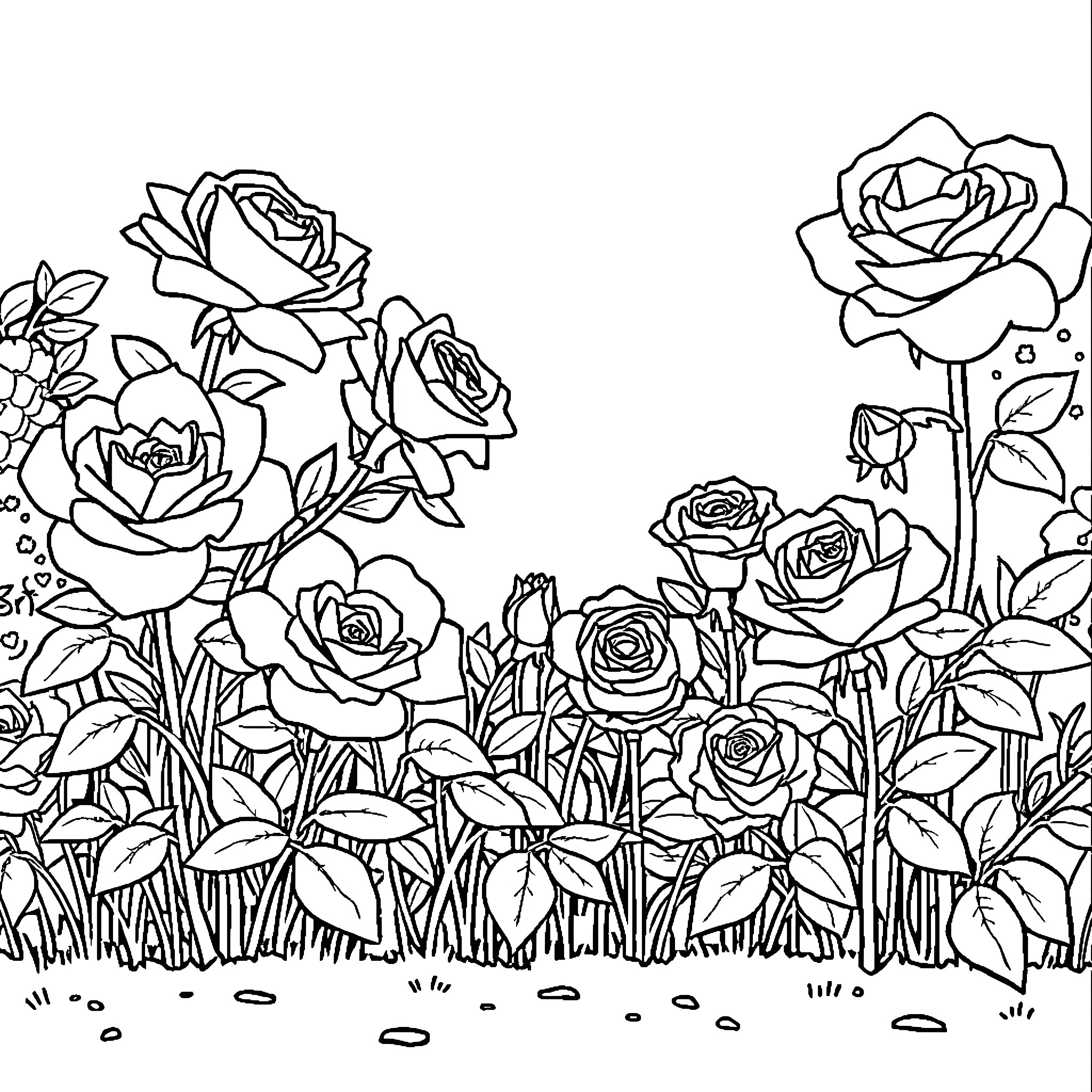 Rose garden filled with blooming flowers Coloring Page (free black-and-white line drawing printable PDF for all, from beginners to advanced learners, including children, teens, adults, and seniors)
