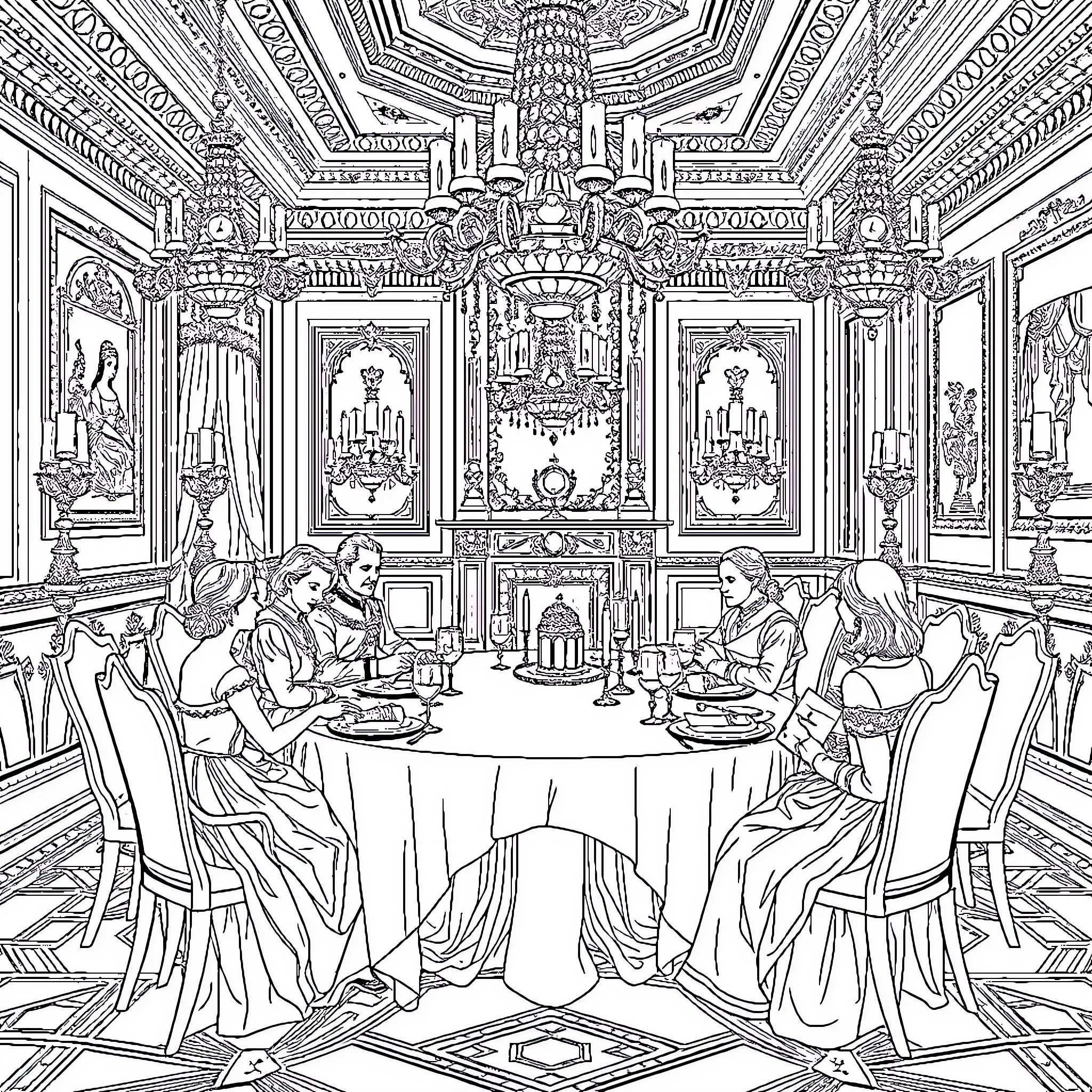 Royal Family Dining in Opulent Palace Setting Coloring Page (free black-and-white line drawing printable PDF for all, from beginners to advanced learners, including children, teens, adults, and seniors)