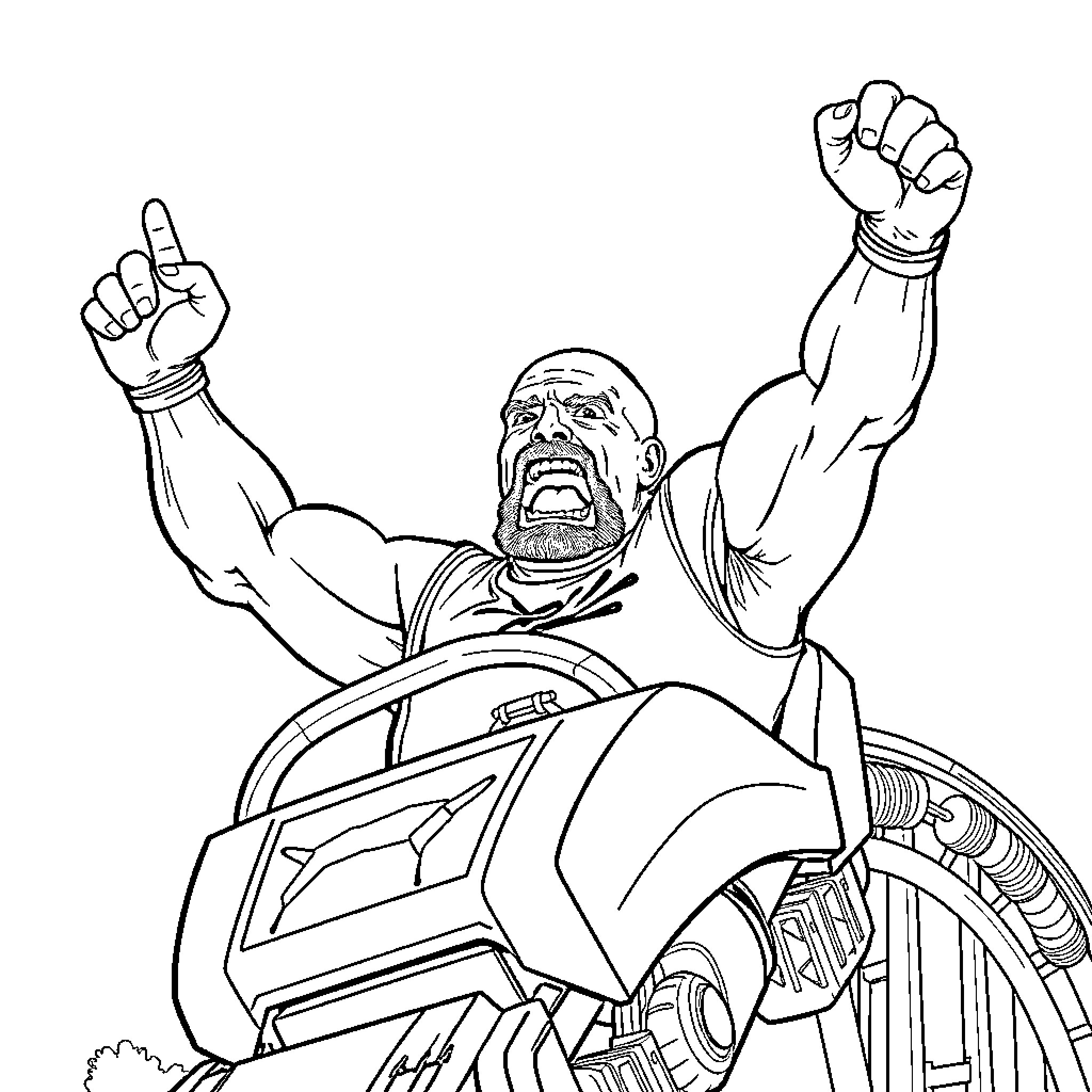Hulk Hogan triumphantly raising his fists Coloring Page (free black-and-white line drawing printable PDF for all, from beginners to advanced learners, including children, teens, adults, and seniors)