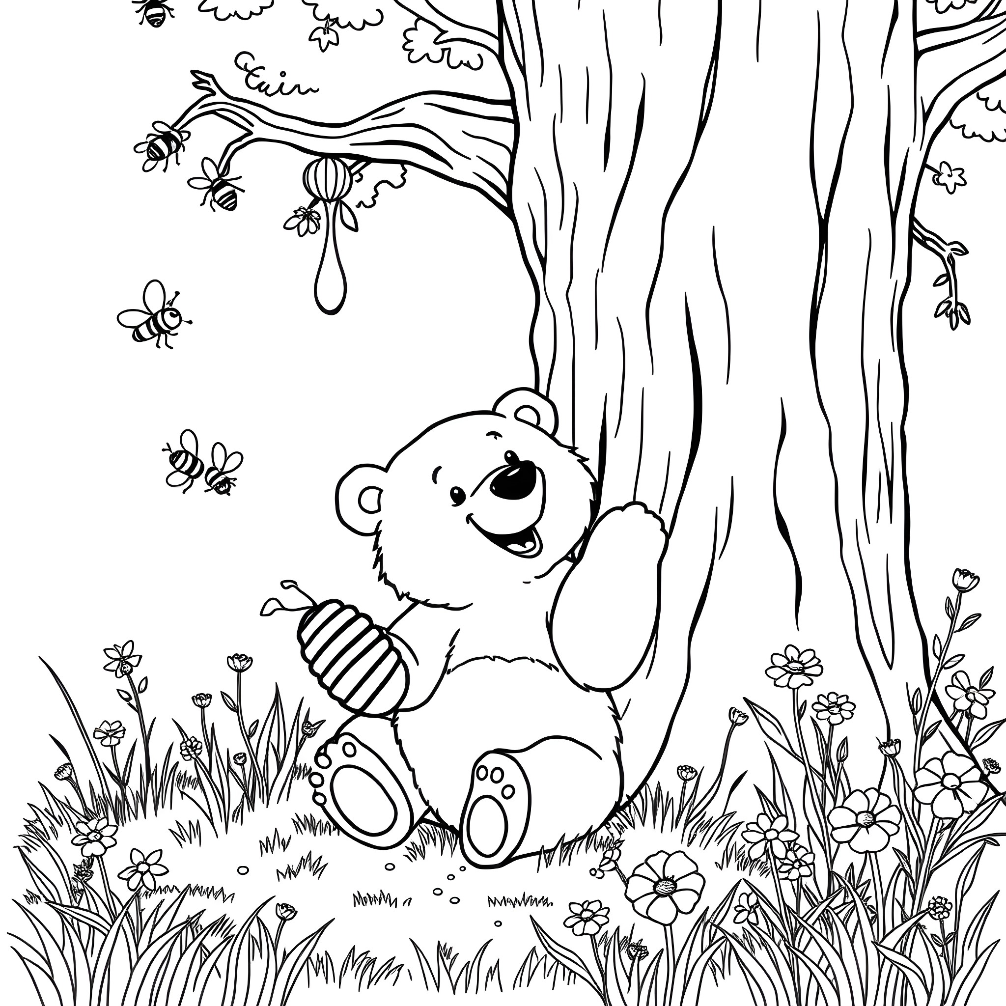 Bear playing happily in the forest Coloring Page (free black-and-white line drawing printable PDF for all, from beginners to advanced learners, including children, teens, adults, and seniors)