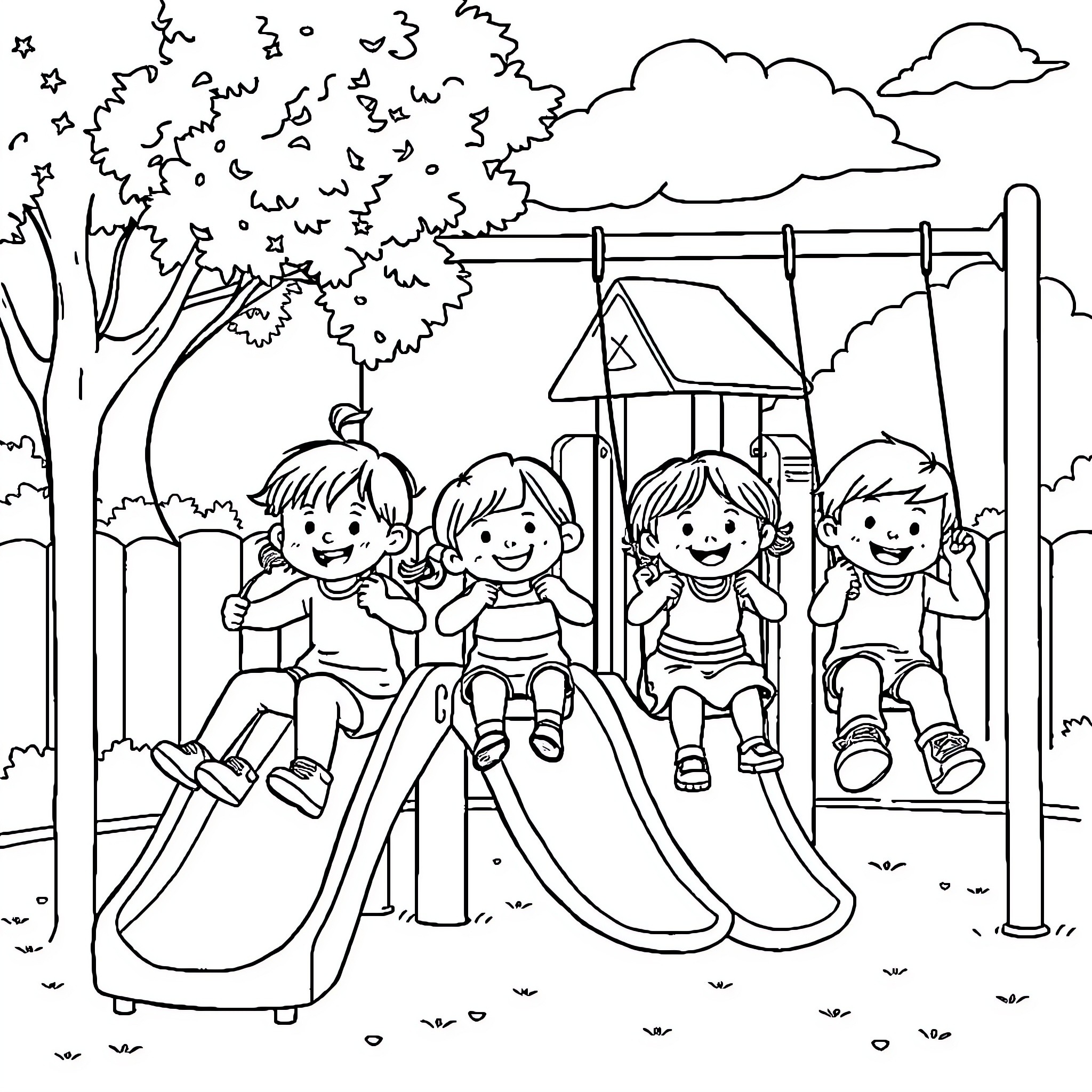 Preschoolers playing joyfully on the playground equipment Coloring Page (free black-and-white line drawing printable PDF for all, from beginners to advanced learners, including children, teens, adults, and seniors)