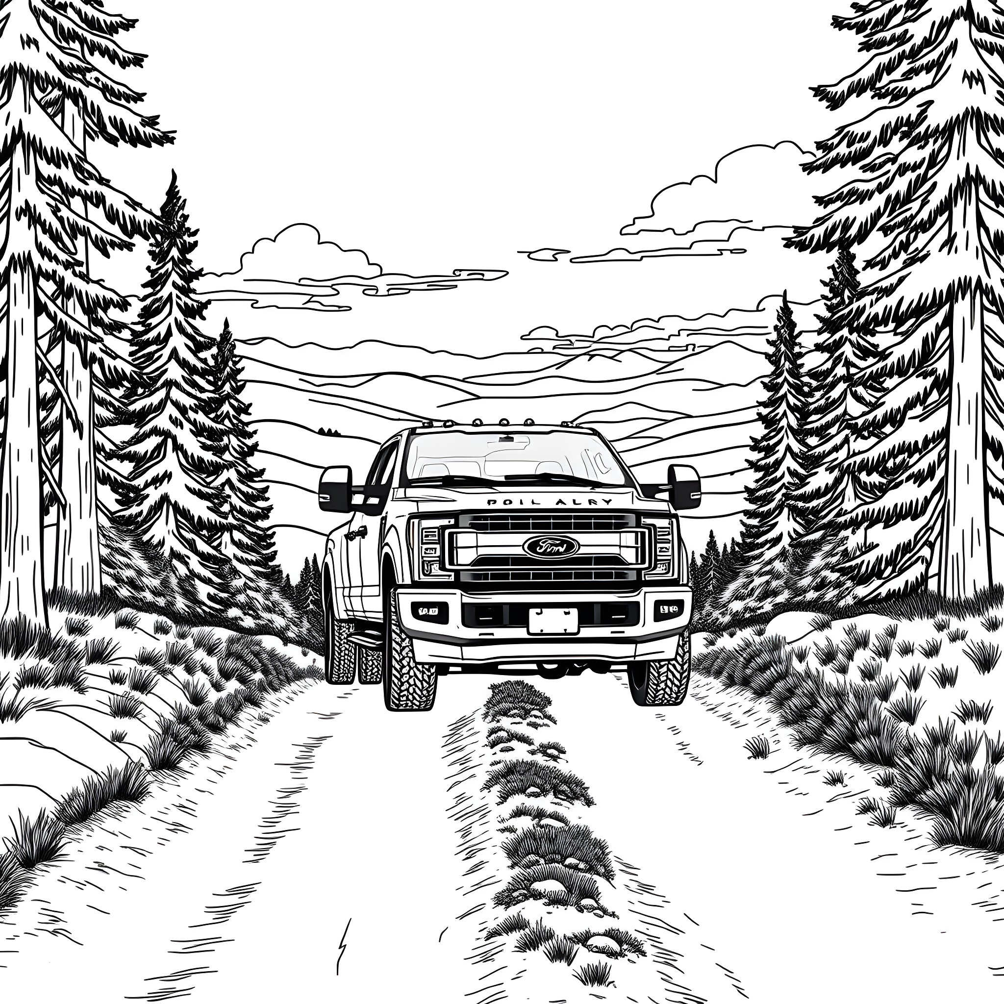 Ford Dually Truck Traversing Snowy Forest Landscape Coloring Page (free black-and-white line drawing printable PDF for all, from beginners to advanced learners, including children, teens, adults, and seniors)