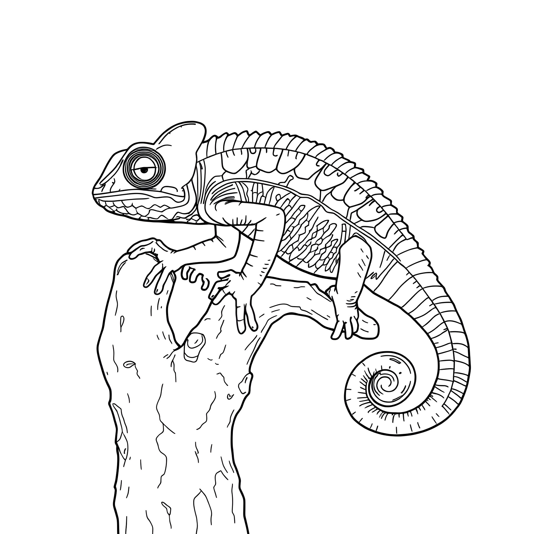 Chameleon climbing on branch in black and white Coloring Page (free black-and-white line drawing printable PDF for all, from beginners to advanced learners, including children, teens, adults, and seniors)