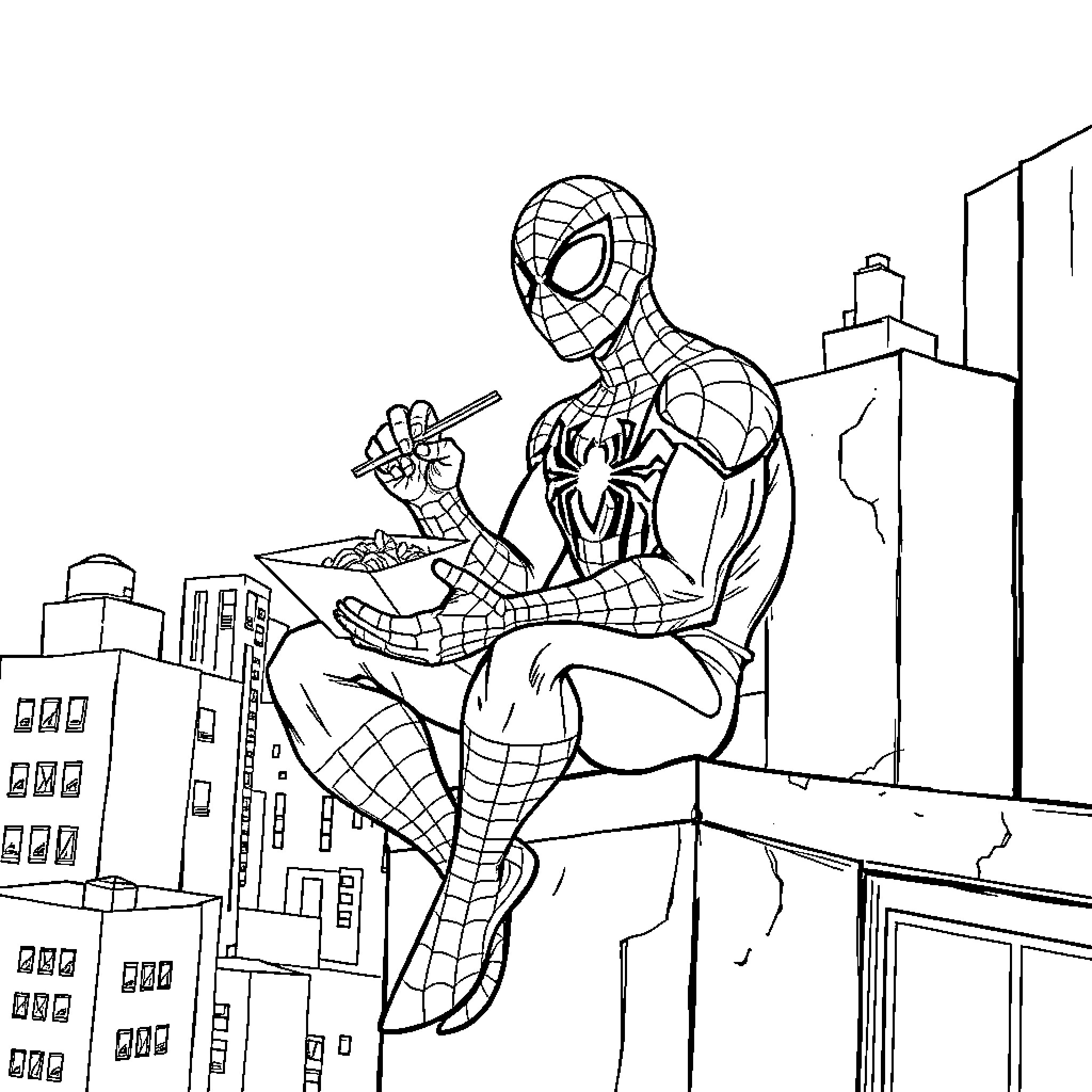 Spider-Man swinging across city skyline Coloring Page (free black-and-white line drawing printable PDF for all, from beginners to advanced learners, including children, teens, adults, and seniors)