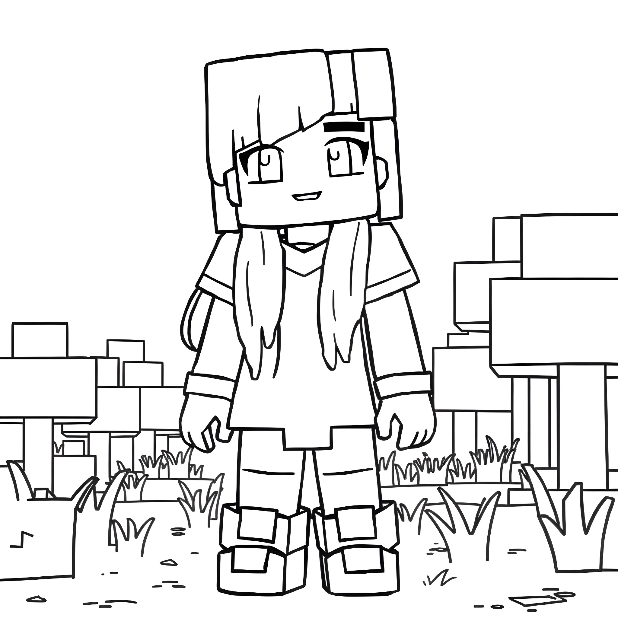 Galinda in a Whimsical Minecraft-Inspired Adventure Coloring Page (free black-and-white line drawing printable PDF for all, from beginners to advanced learners, including children, teens, adults, and seniors)