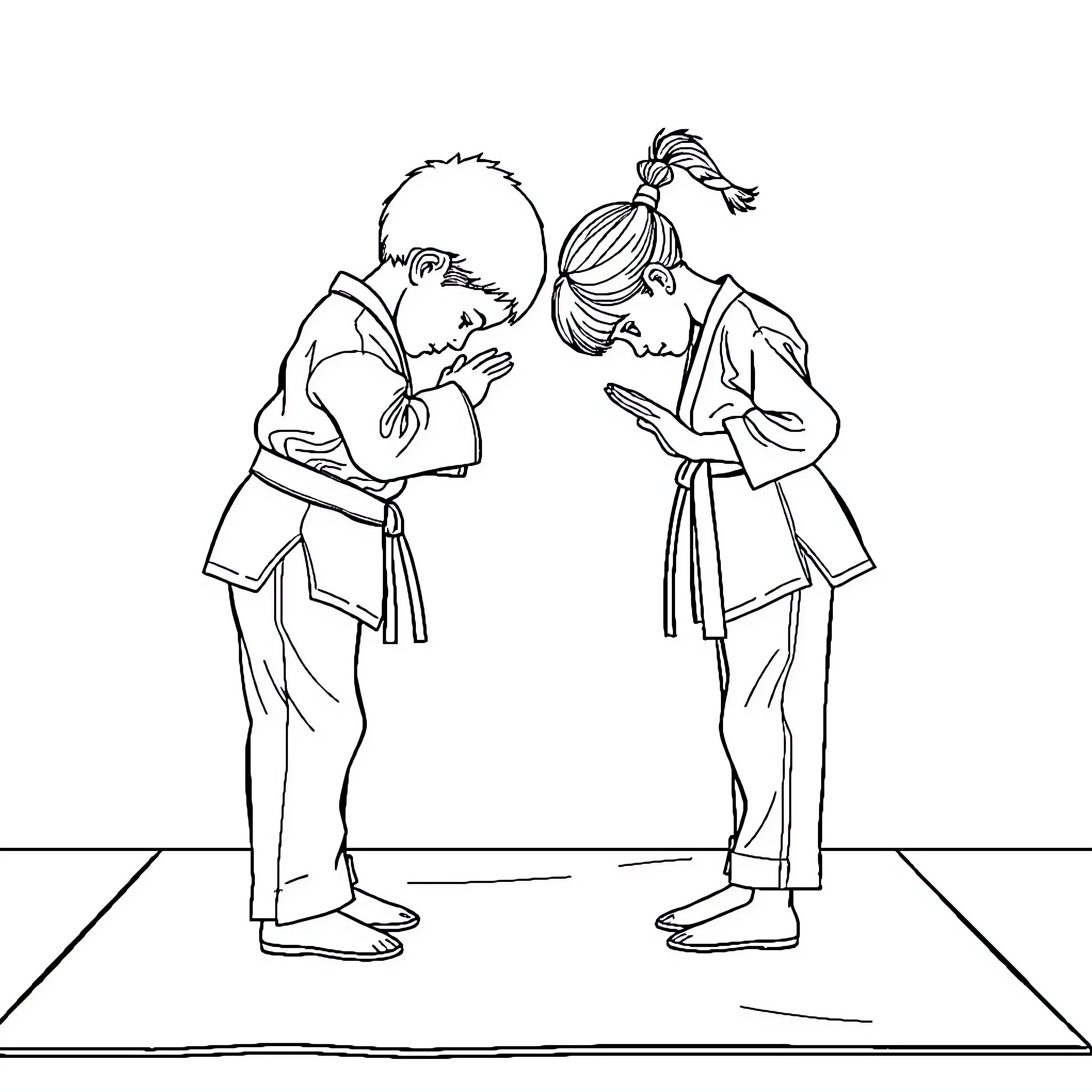 Taekwondo practitioners demonstrating martial arts techniques Coloring Page (free black-and-white line drawing printable PDF for all, from beginners to advanced learners, including children, teens, adults, and seniors)