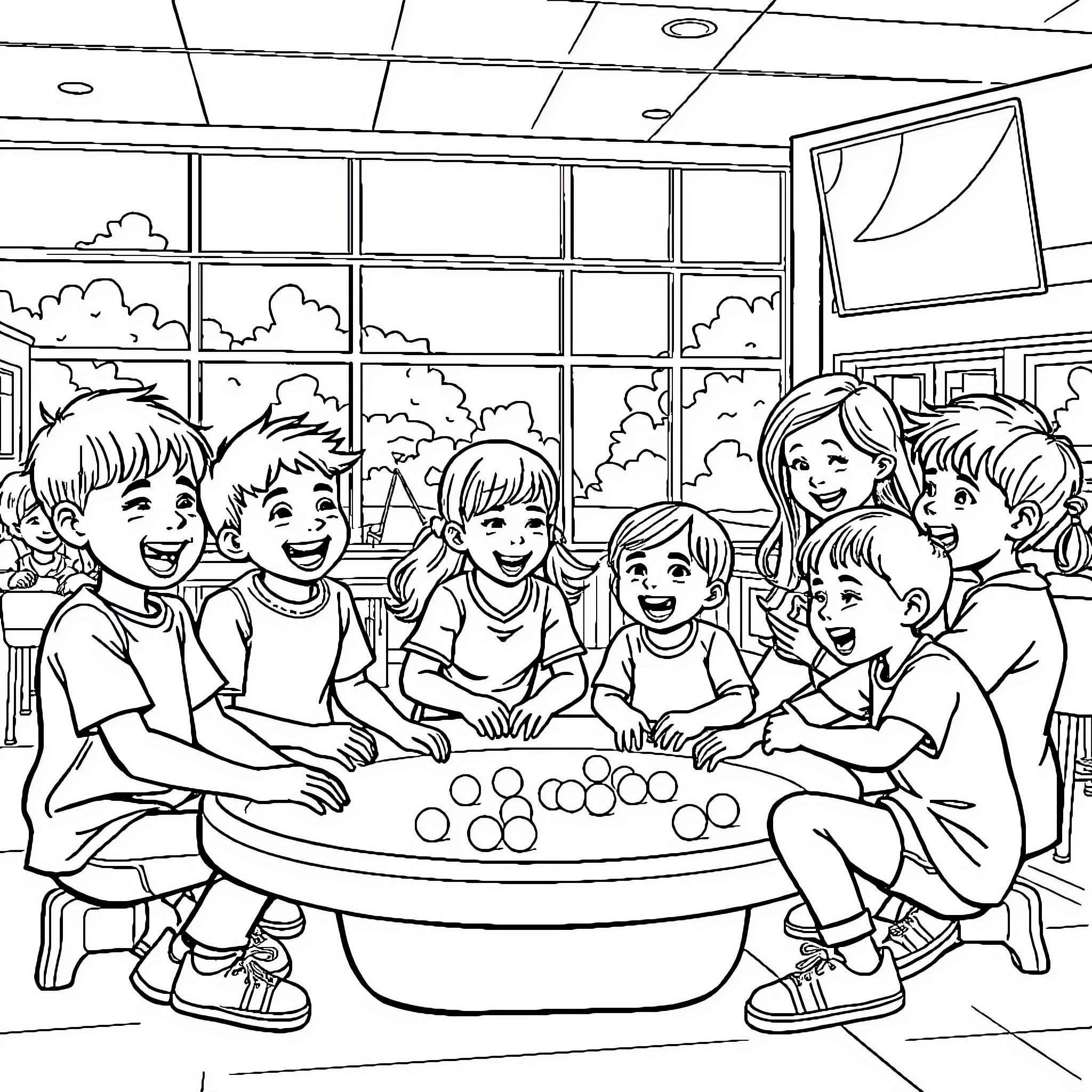 Children Playing Together in Classroom Coloring Page (free black-and-white line drawing printable PDF for all, from beginners to advanced learners, including children, teens, adults, and seniors)
