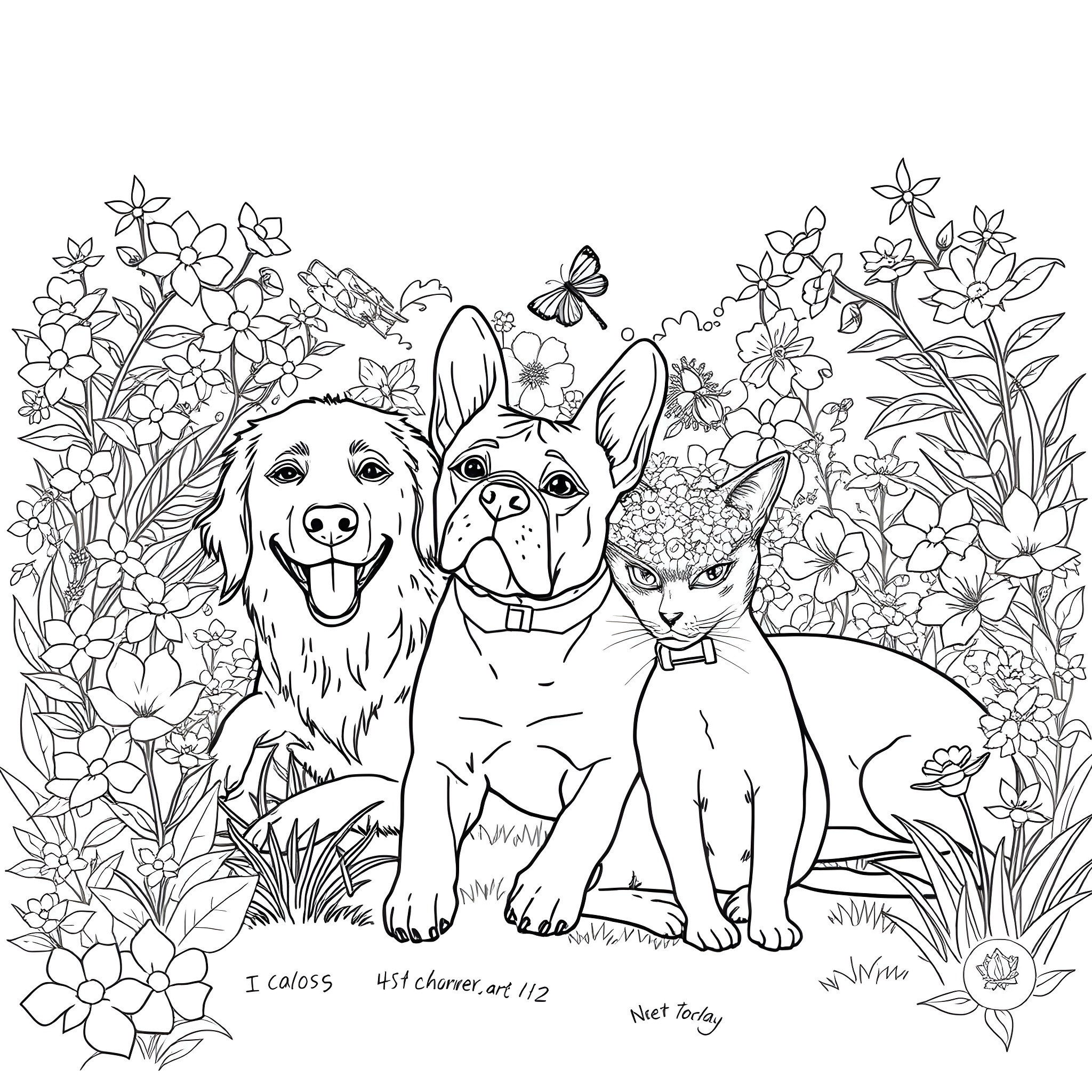 Dogs surrounded by flowers and butterflies Coloring Page (free black-and-white line drawing printable PDF for all, from beginners to advanced learners, including children, teens, adults, and seniors)
