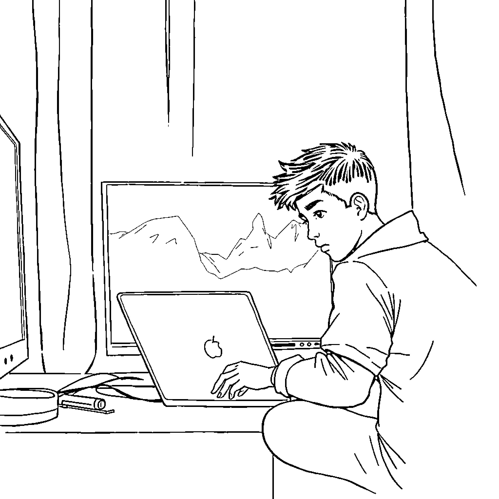 Yuhweh Working Intently on Computer Coloring Page (free black-and-white line drawing printable PDF for all, from beginners to advanced learners, including children, teens, adults, and seniors)