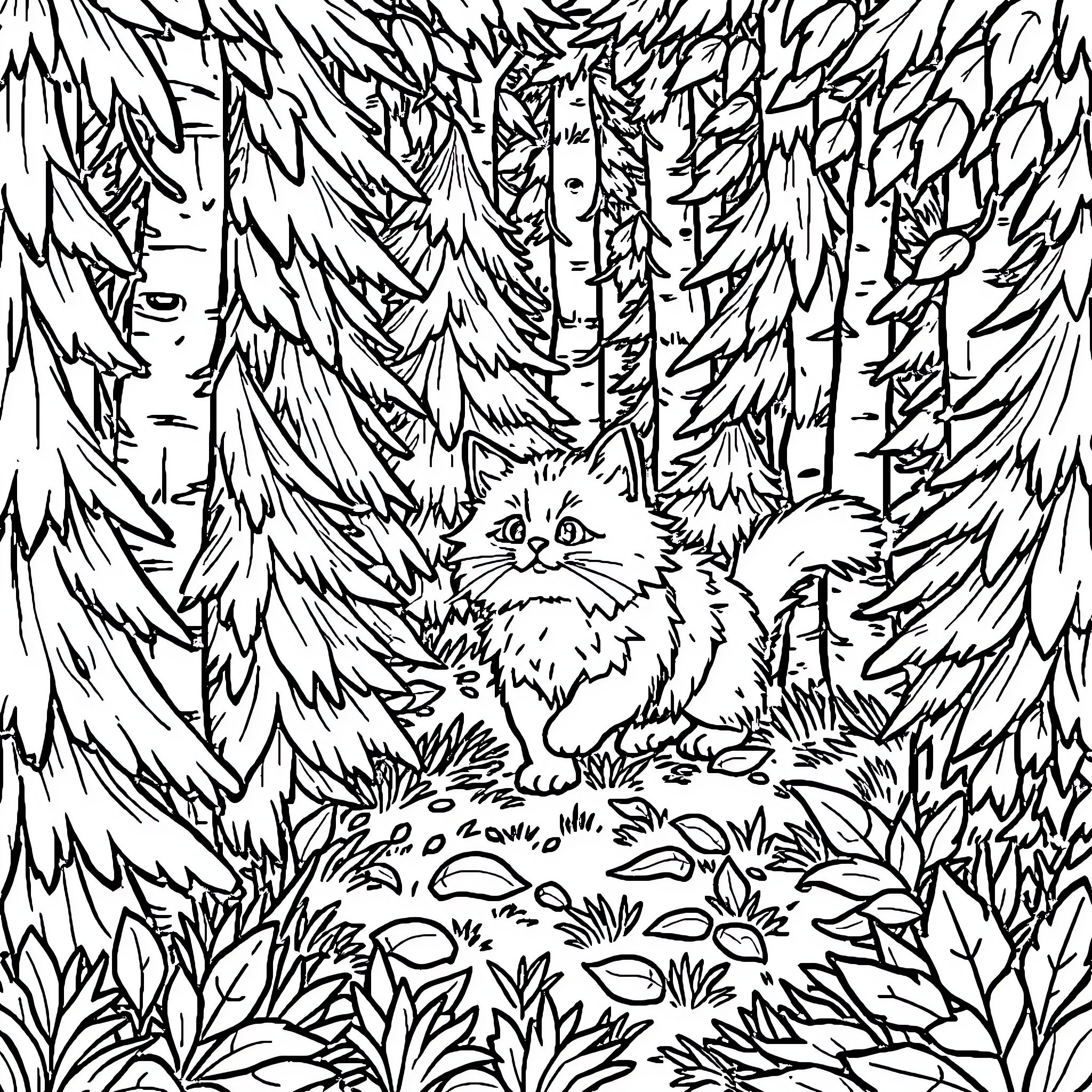 Cat hiding in a dense forest Coloring Page (free black-and-white line drawing printable PDF for all, from beginners to advanced learners, including children, teens, adults, and seniors)