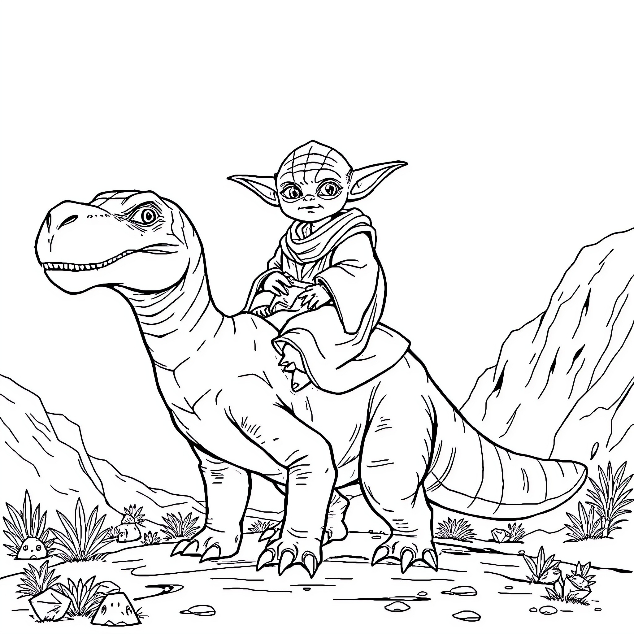 Yoda riding a prehistoric creature Coloring Page (free black-and-white line drawing printable PDF for all, from beginners to advanced learners, including children, teens, adults, and seniors)