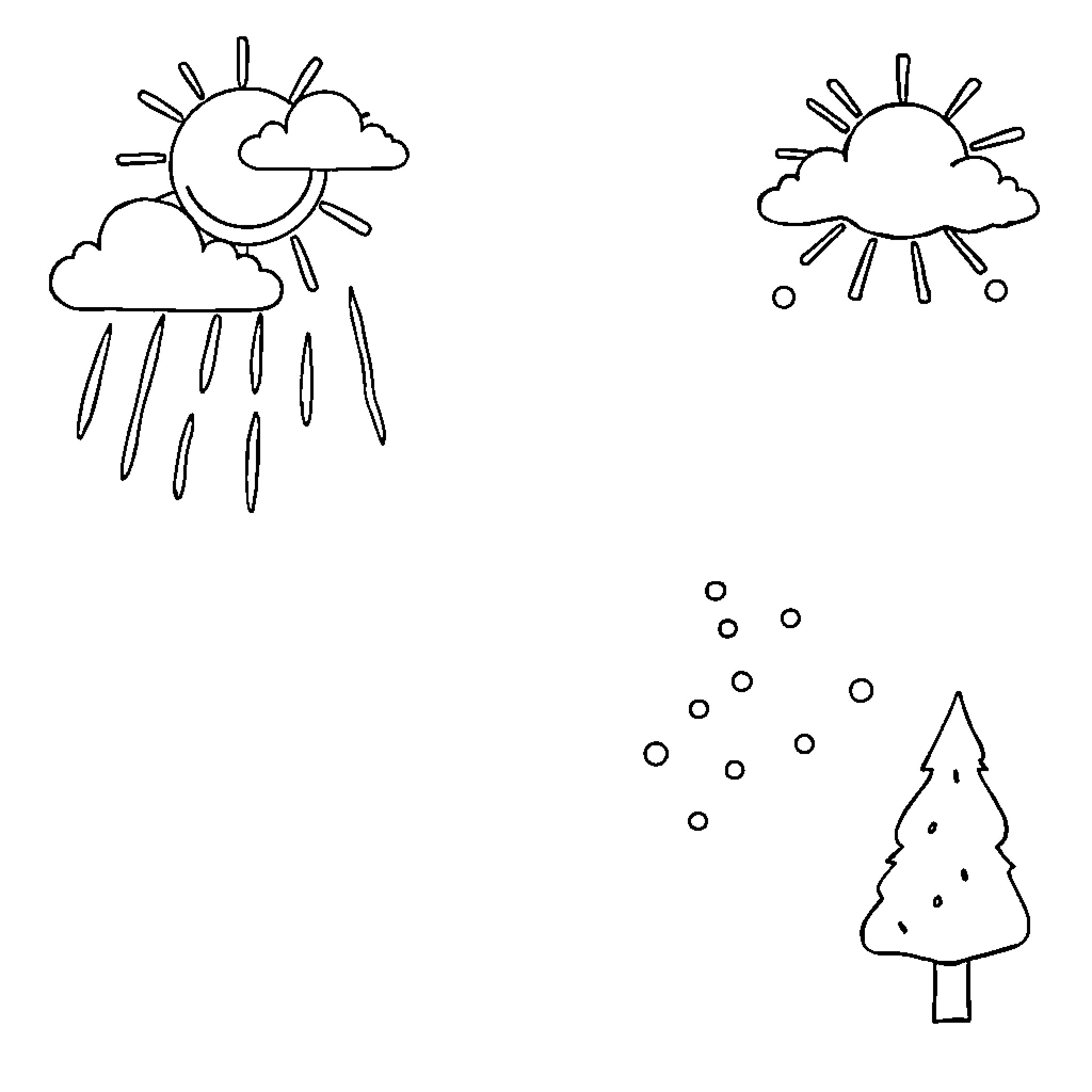 Weather symbols depicting sun, clouds, and precipitation Coloring Page (free black-and-white line drawing printable PDF for all, from beginners to advanced learners, including children, teens, adults, and seniors)
