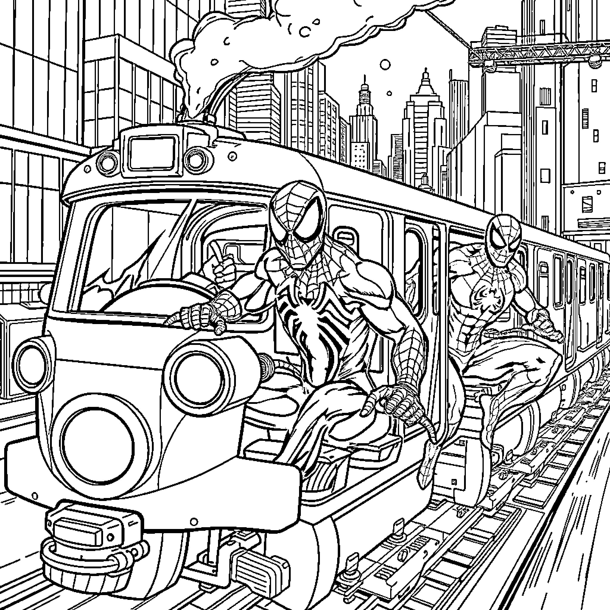 Train Carrying Superheroes through the City Coloring Page (free black-and-white line drawing printable PDF for all, from beginners to advanced learners, including children, teens, adults, and seniors)