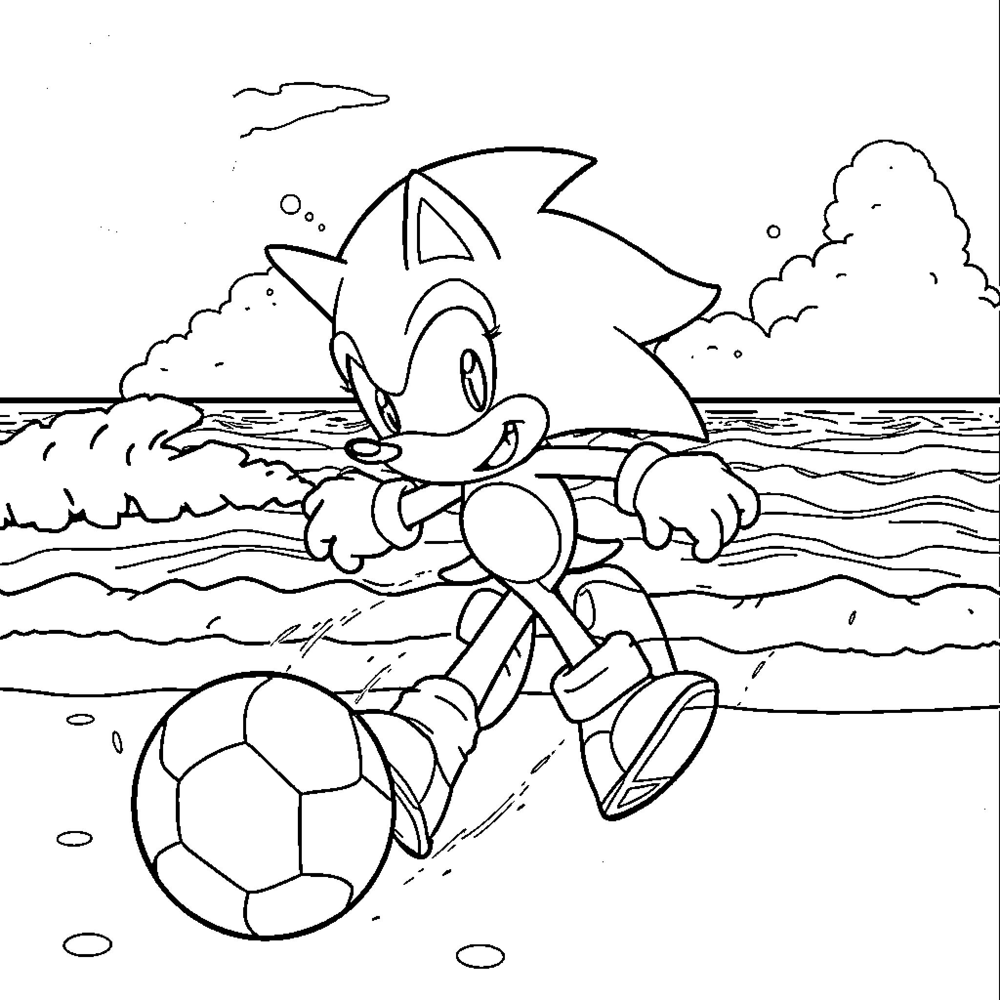 Sonic running with a soccer ball on the beach Coloring Page (free black-and-white line drawing printable PDF for all, from beginners to advanced learners, including children, teens, adults, and seniors)
