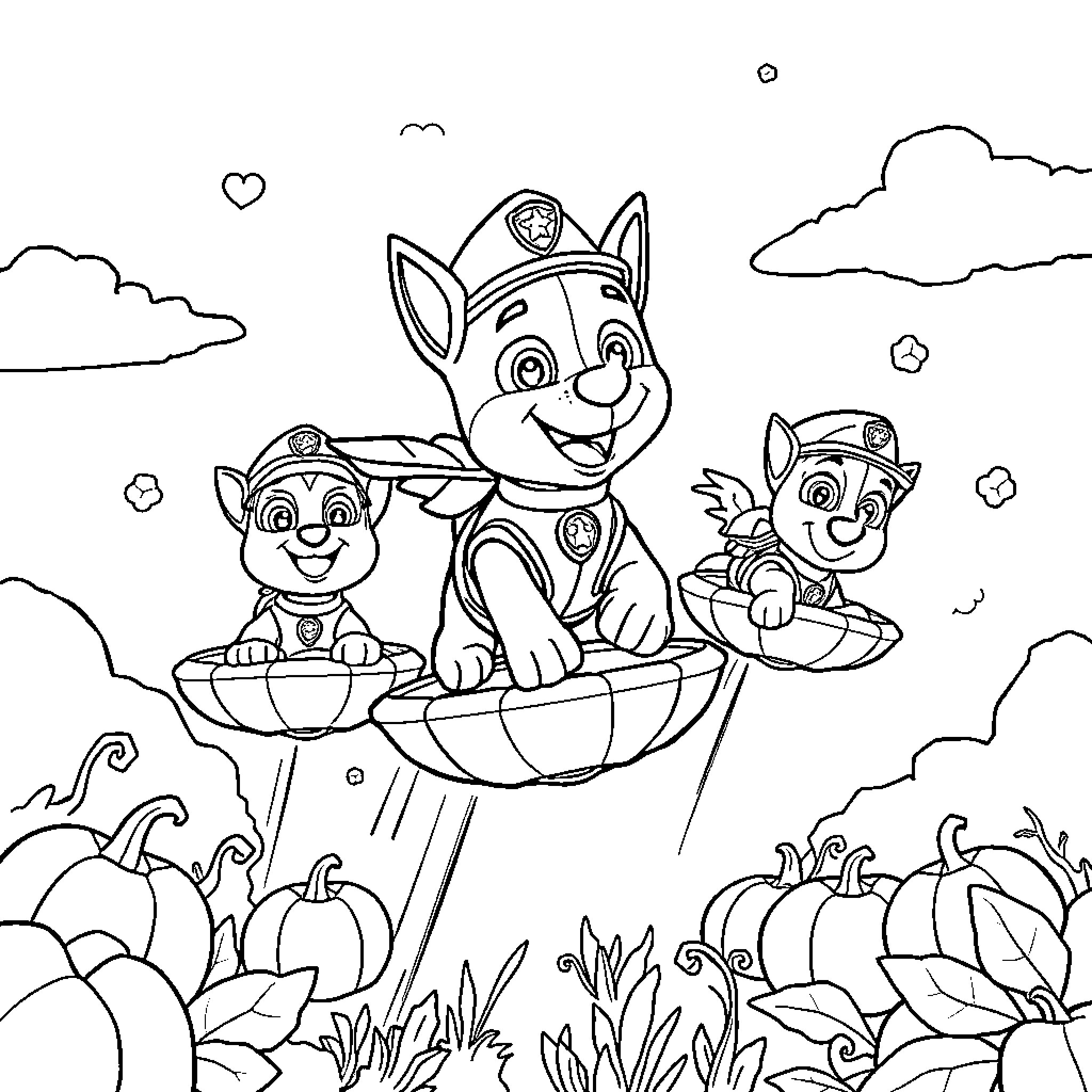 Paw Patrol characters exploring the autumn landscape Coloring Page (free black-and-white line drawing printable PDF for all, from beginners to advanced learners, including children, teens, adults, and seniors)