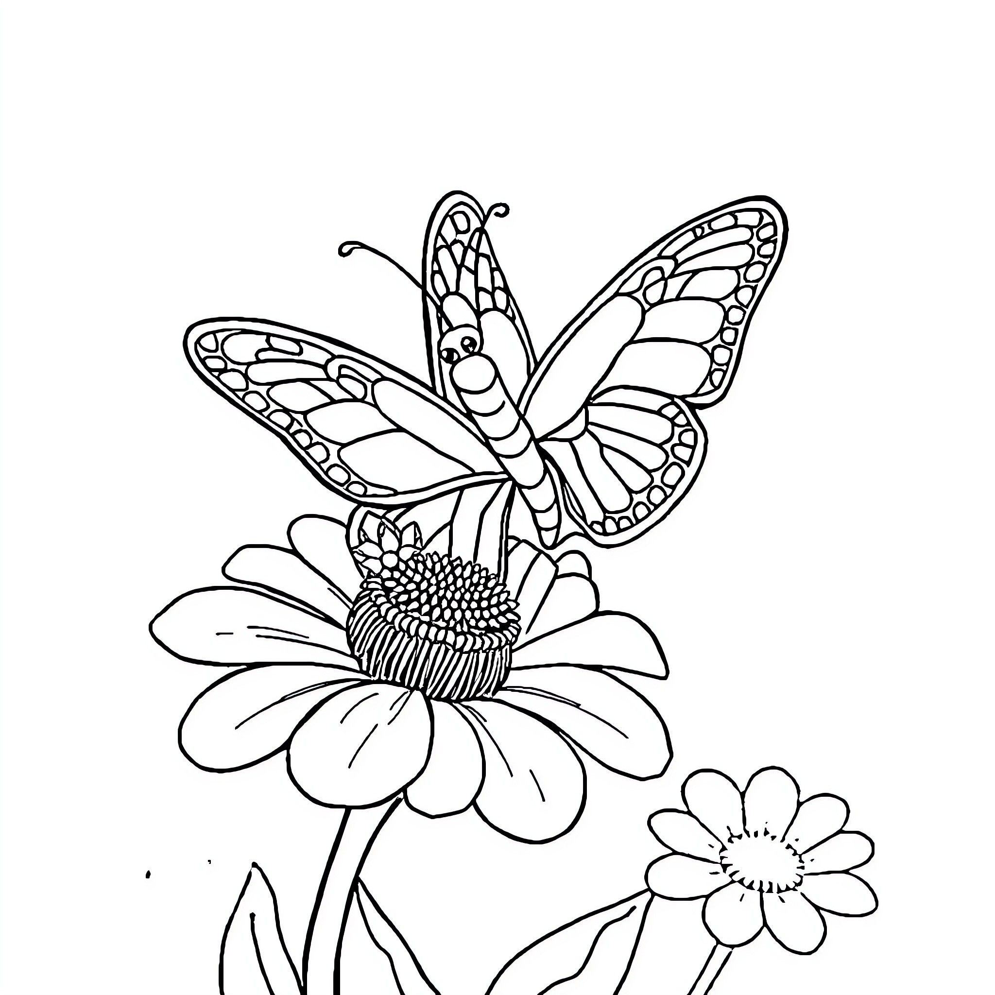 Butterfly resting on a vibrant flower Coloring Page (free black-and-white line drawing printable PDF for all, from beginners to advanced learners, including children, teens, adults, and seniors)