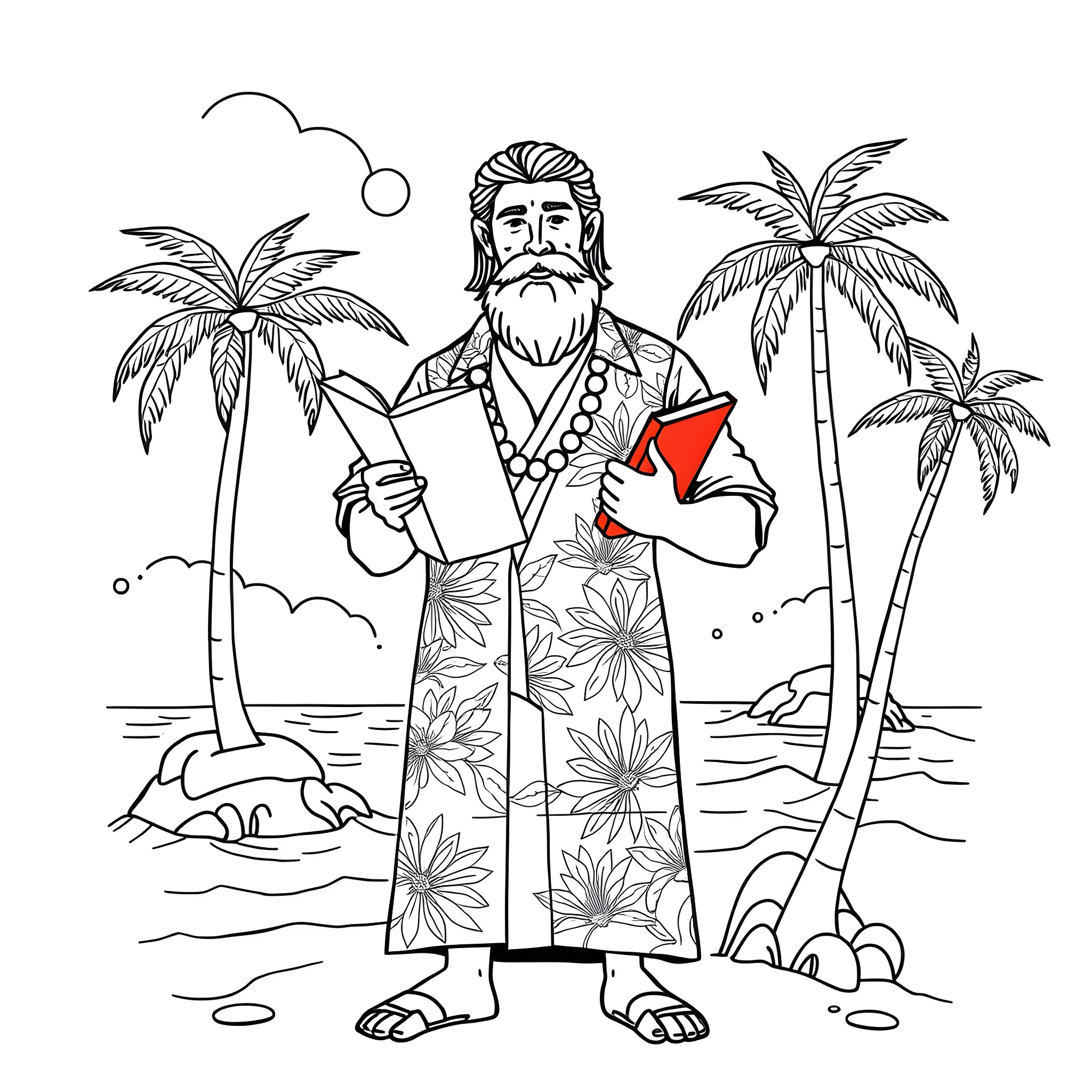 Moses teaching the Ten Commandments on a tropical beach Coloring Page (free black-and-white line drawing printable PDF for all, from beginners to advanced learners, including children, teens, adults, and seniors)