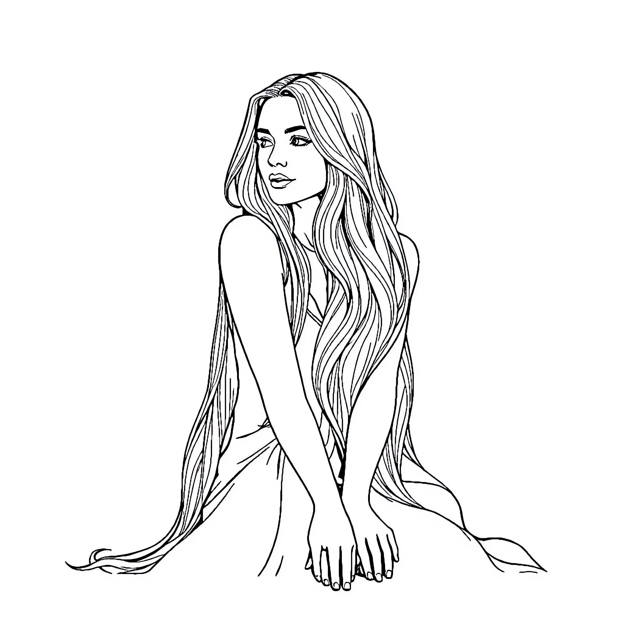 Woman with long, flowing hair in thoughtful pose Coloring Page (free black-and-white line drawing printable PDF for all, from beginners to advanced learners, including children, teens, adults, and seniors)