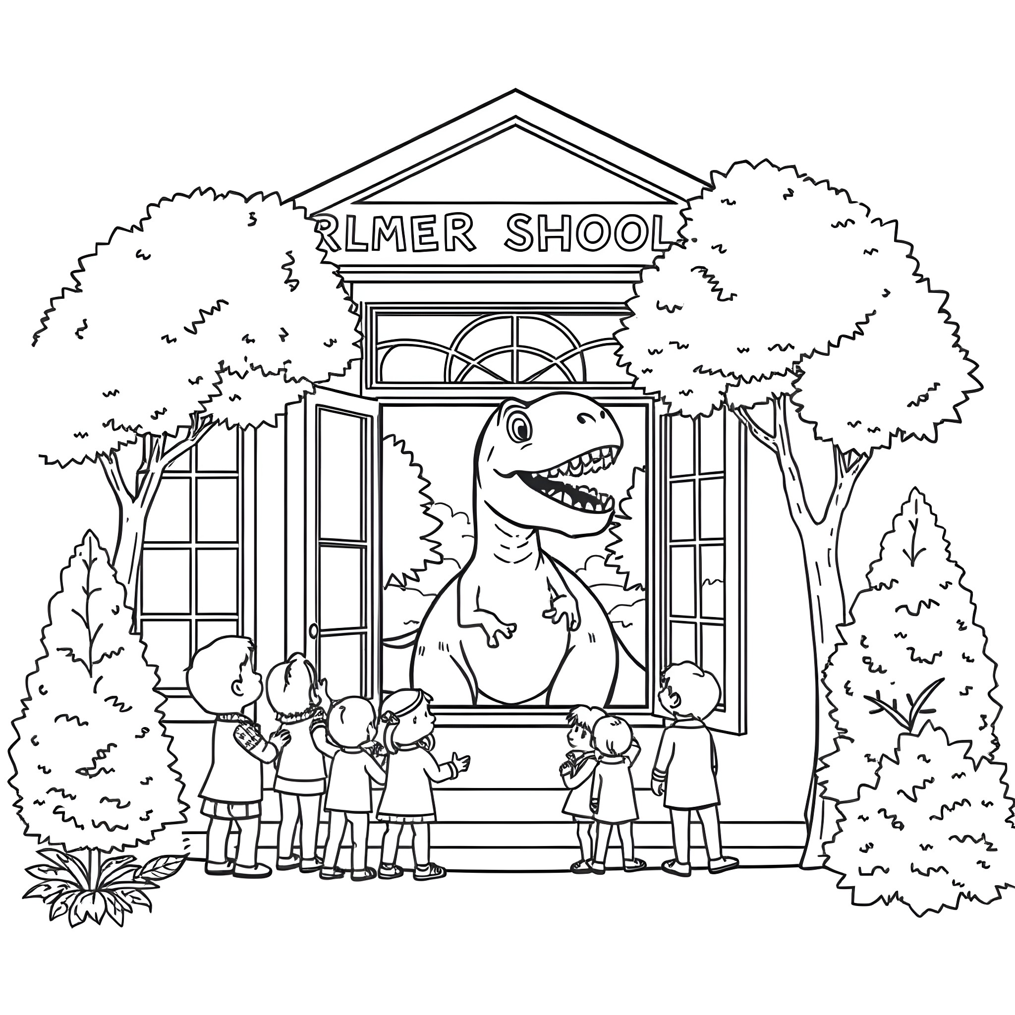 Dinosaur greeting students outside elementary school Coloring Page (free black-and-white line drawing printable PDF for all, from beginners to advanced learners, including children, teens, adults, and seniors)