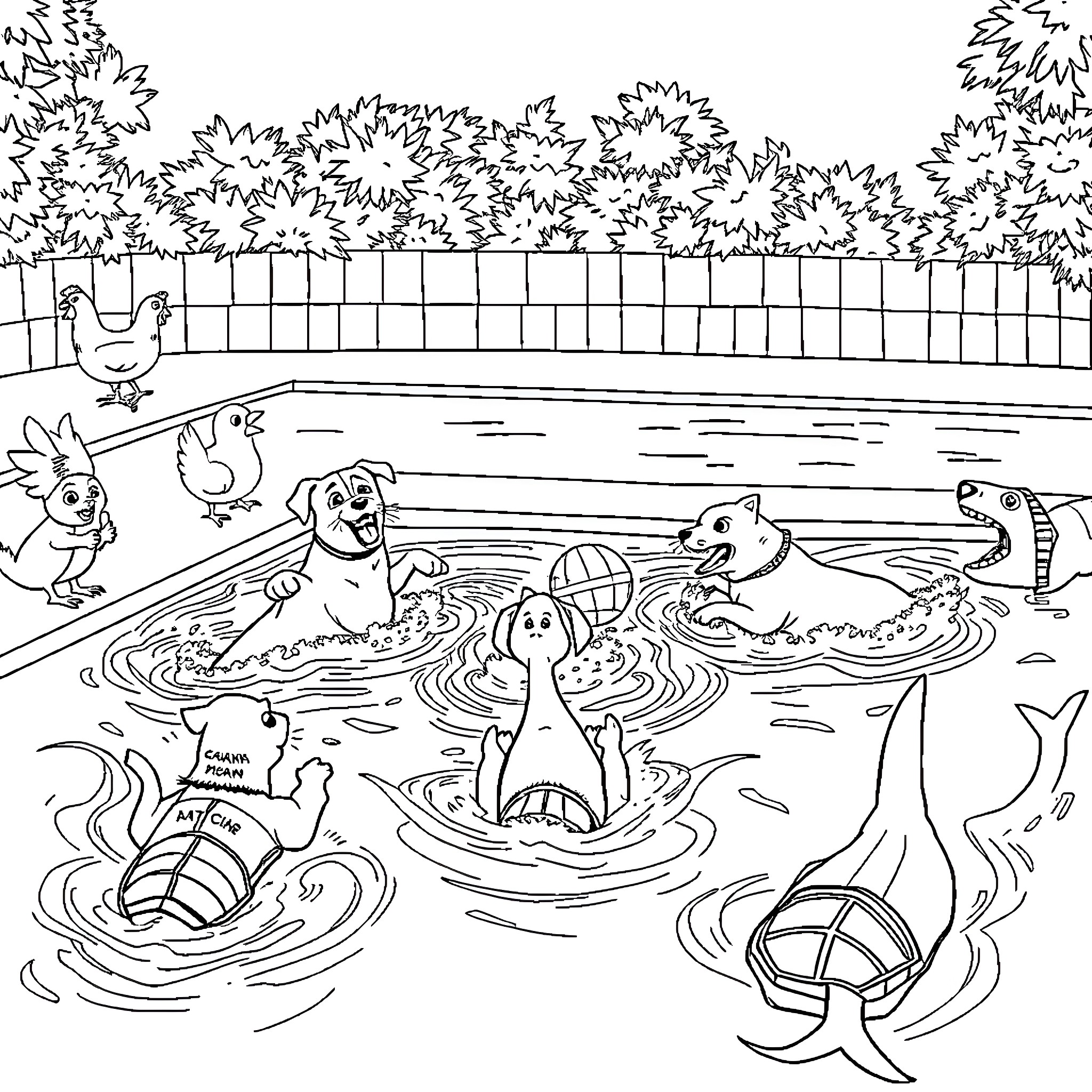 Dog and friends enjoying a swim in the pool Coloring Page (free black-and-white line drawing printable PDF for all, from beginners to advanced learners, including children, teens, adults, and seniors)