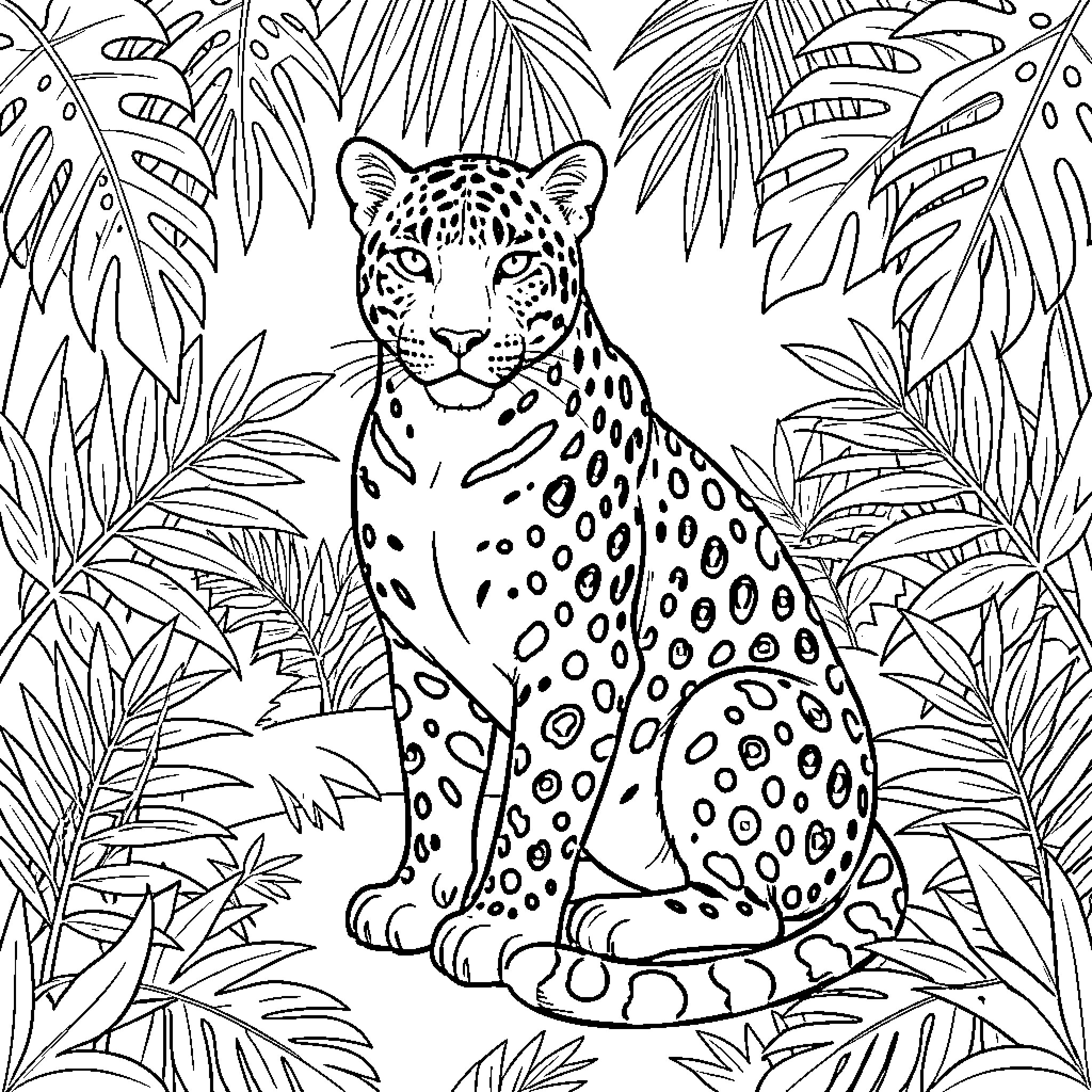 Leopard resting amidst tropical foliage Coloring Page (free black-and-white line drawing printable PDF for all, from beginners to advanced learners, including children, teens, adults, and seniors)