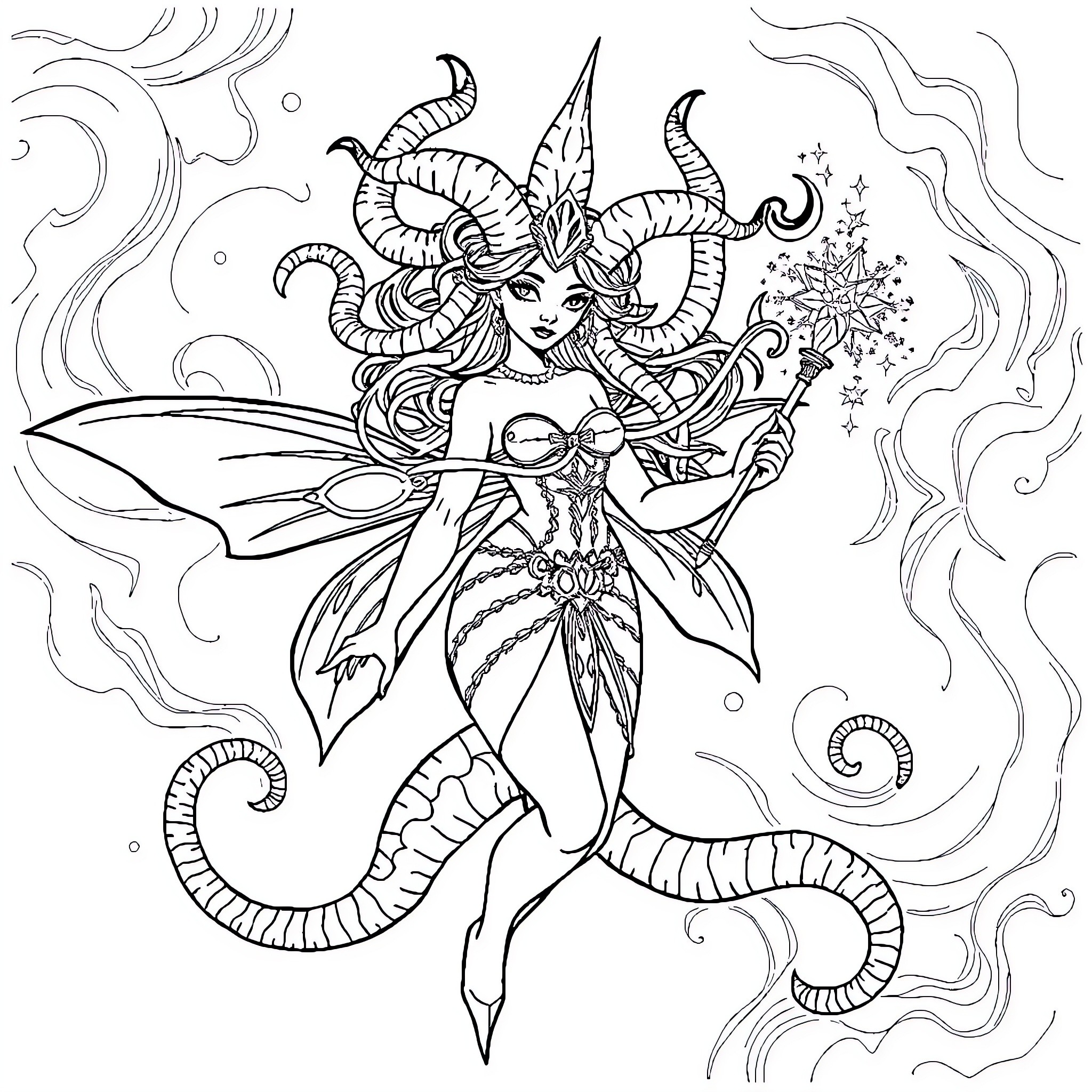 Medusa Unleashing Her Mystical Powers Coloring Page (free black-and-white line drawing printable PDF for all, from beginners to advanced learners, including children, teens, adults, and seniors)