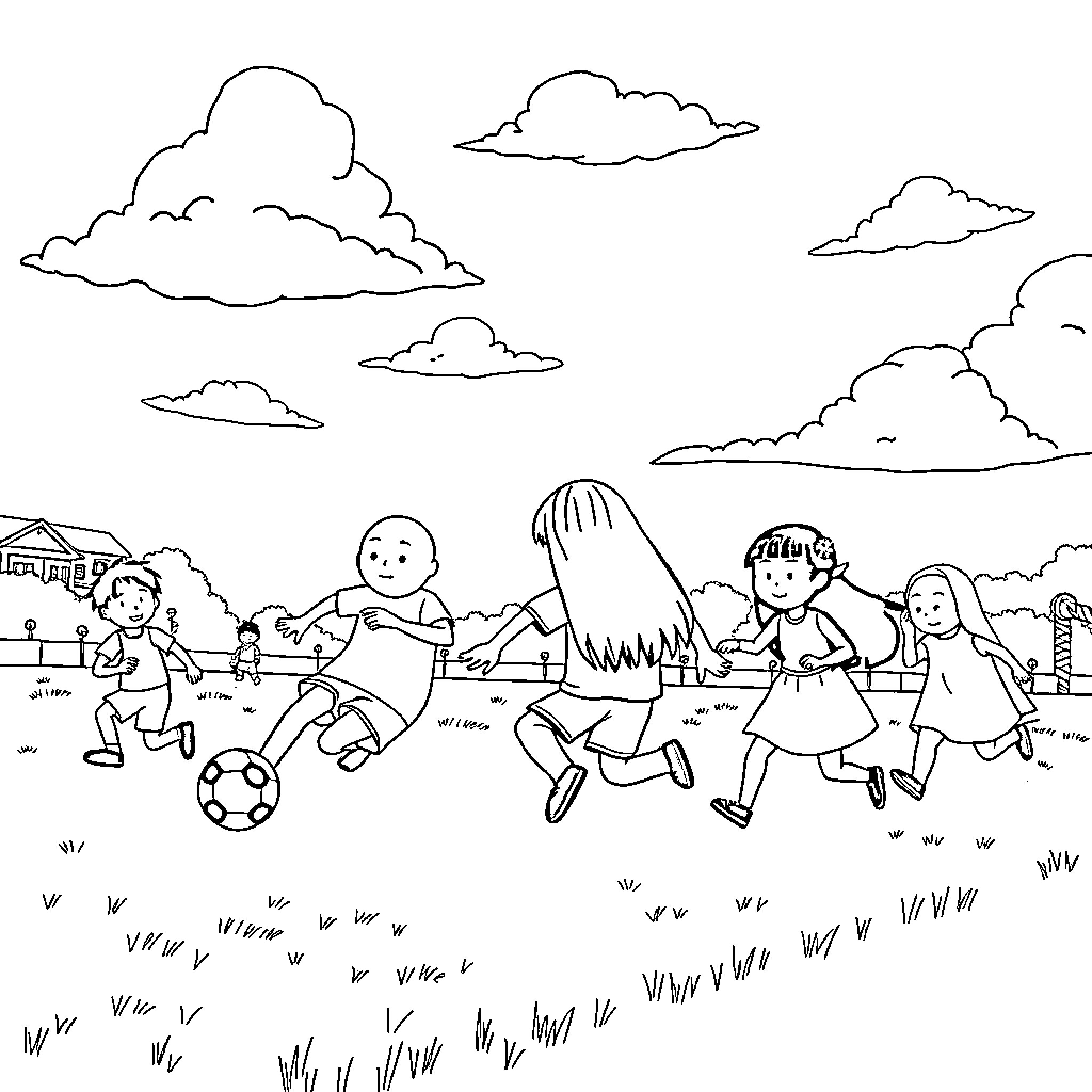 Spirited Away: Children Playing Joyfully in the Park Coloring Page (free black-and-white line drawing printable PDF for all, from beginners to advanced learners, including children, teens, adults, and seniors)