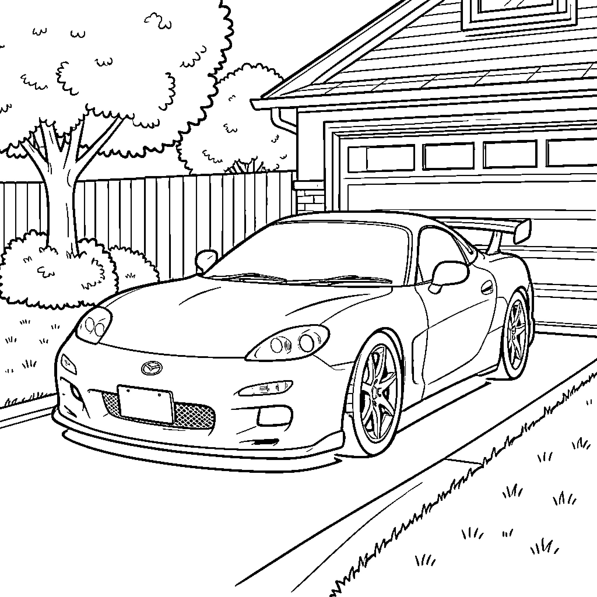 Mazda Rx7 parked in a residential driveway Coloring Page (free black-and-white line drawing printable PDF for all, from beginners to advanced learners, including children, teens, adults, and seniors)