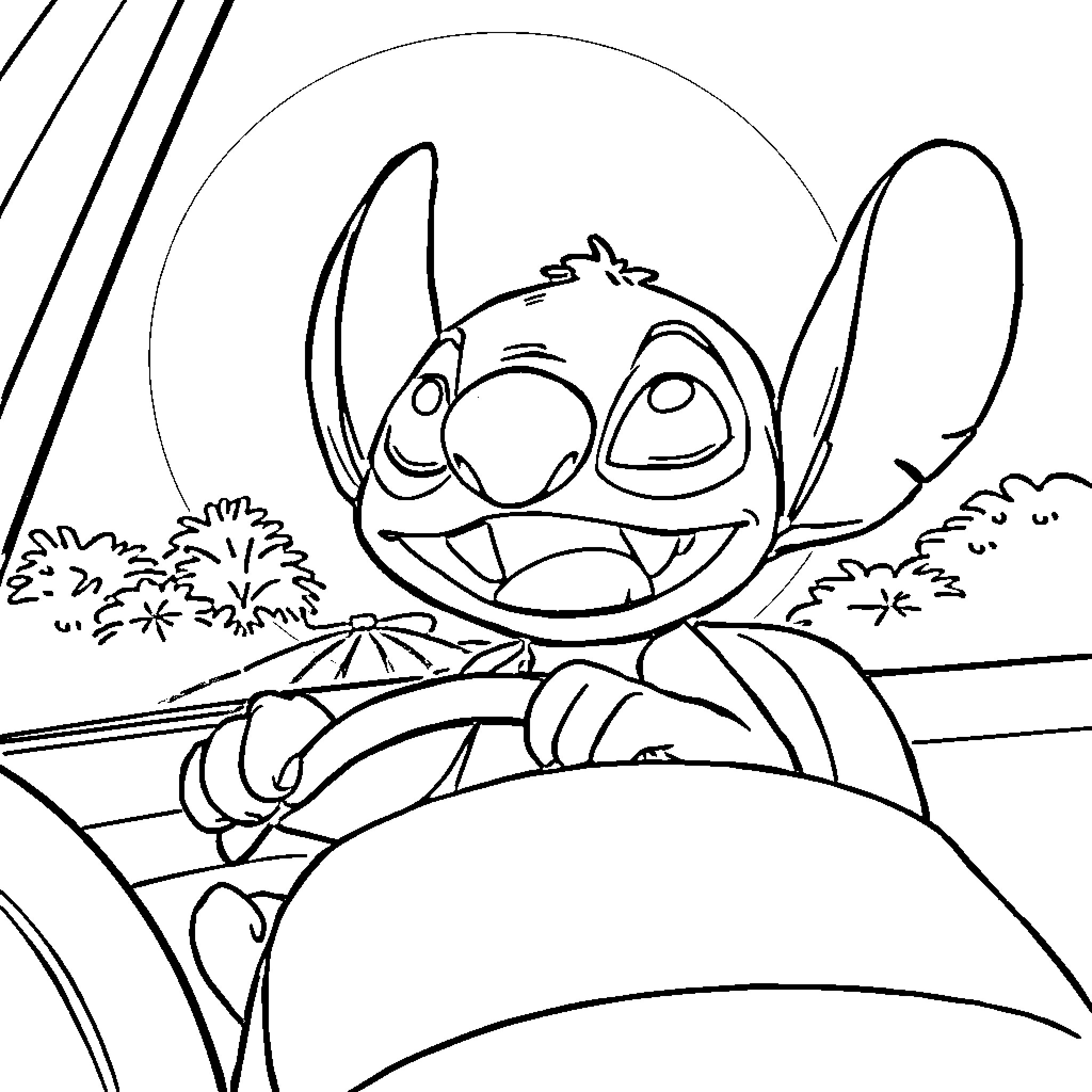 Stitch explores the island landscape Coloring Page (free black-and-white line drawing printable PDF for all, from beginners to advanced learners, including children, teens, adults, and seniors)