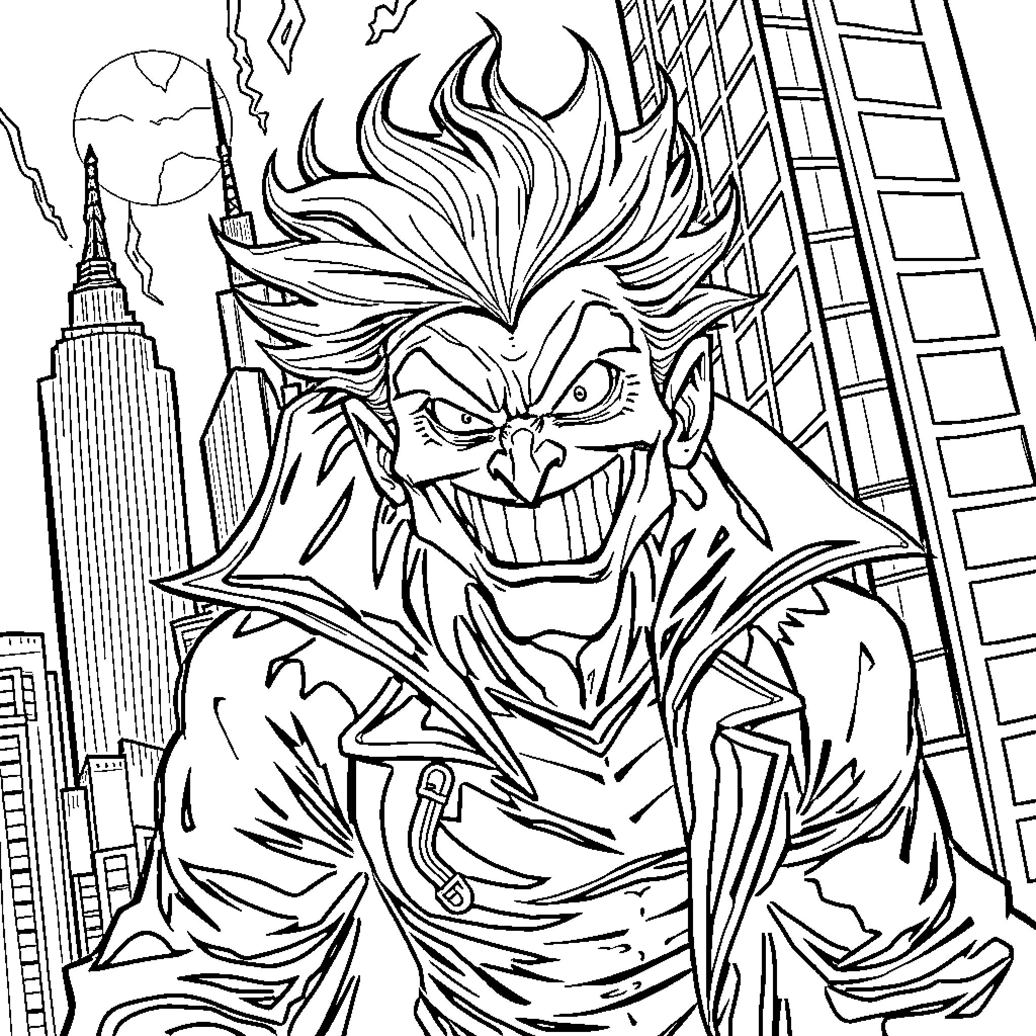 Villain unleashing chaos in the city Coloring Page (free black-and-white line drawing printable PDF for all, from beginners to advanced learners, including children, teens, adults, and seniors)