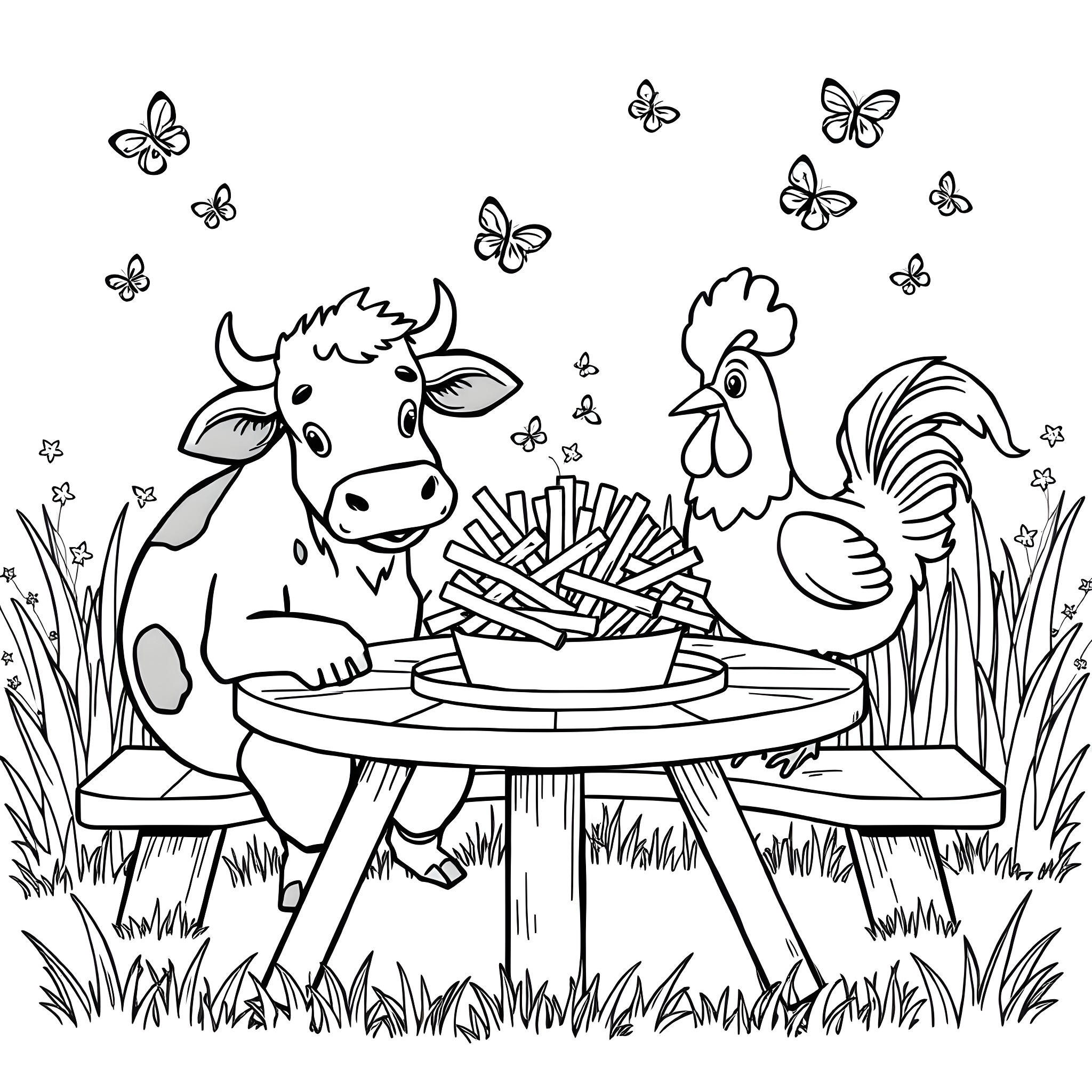 Cow and Rooster Enjoying a Meal Outdoors Coloring Page (free black-and-white line drawing printable PDF for all, from beginners to advanced learners, including children, teens, adults, and seniors)