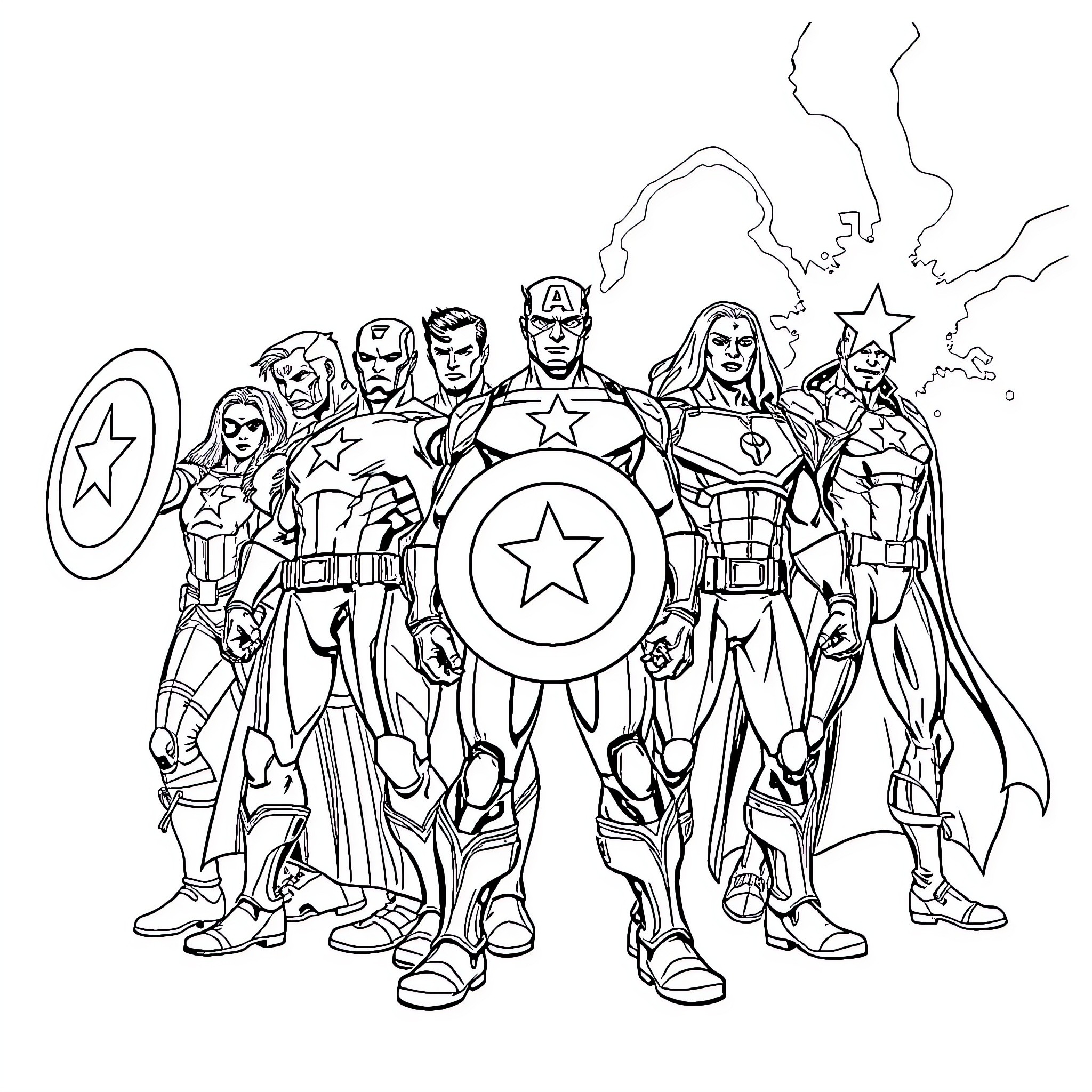 Avenger heroes in action poses and costumes Coloring Page (free black-and-white line drawing printable PDF for all, from beginners to advanced learners, including children, teens, adults, and seniors)