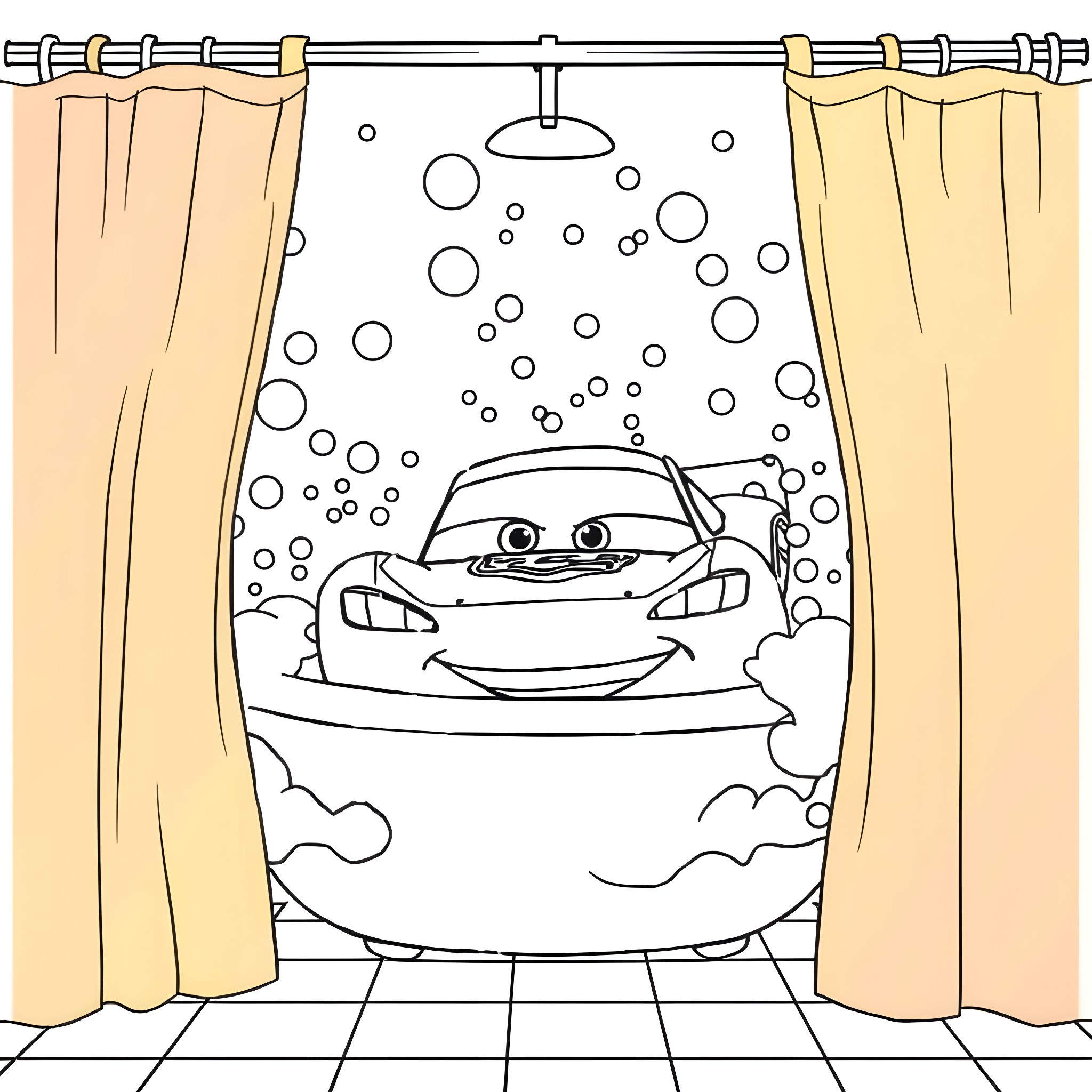 Lightning McQueen enjoying a bubbly shower Coloring Page (free black-and-white line drawing printable PDF for all, from beginners to advanced learners, including children, teens, adults, and seniors)