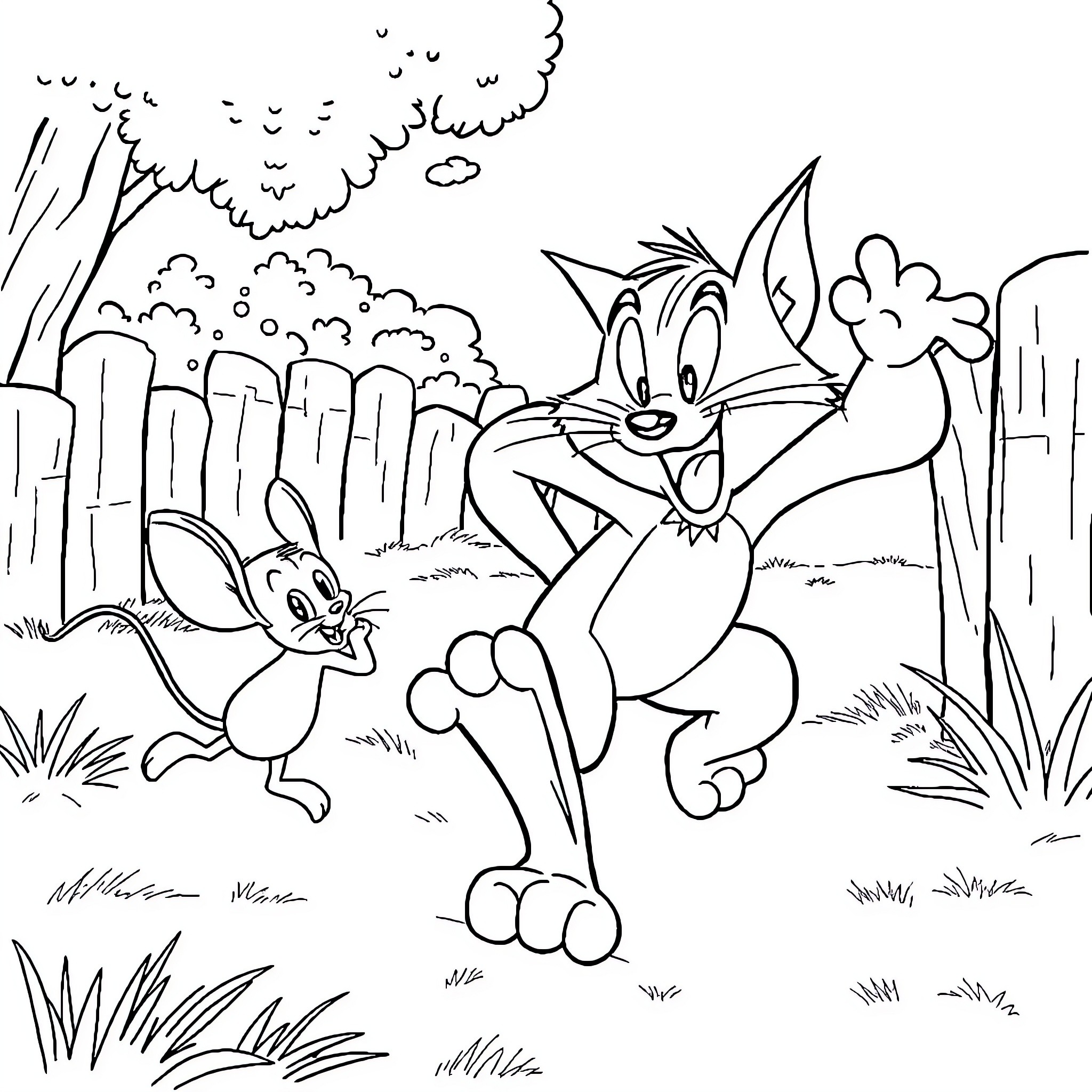 Tom and Jerry chasing each other in the forest Coloring Page (free black-and-white line drawing printable PDF for all, from beginners to advanced learners, including children, teens, adults, and seniors)