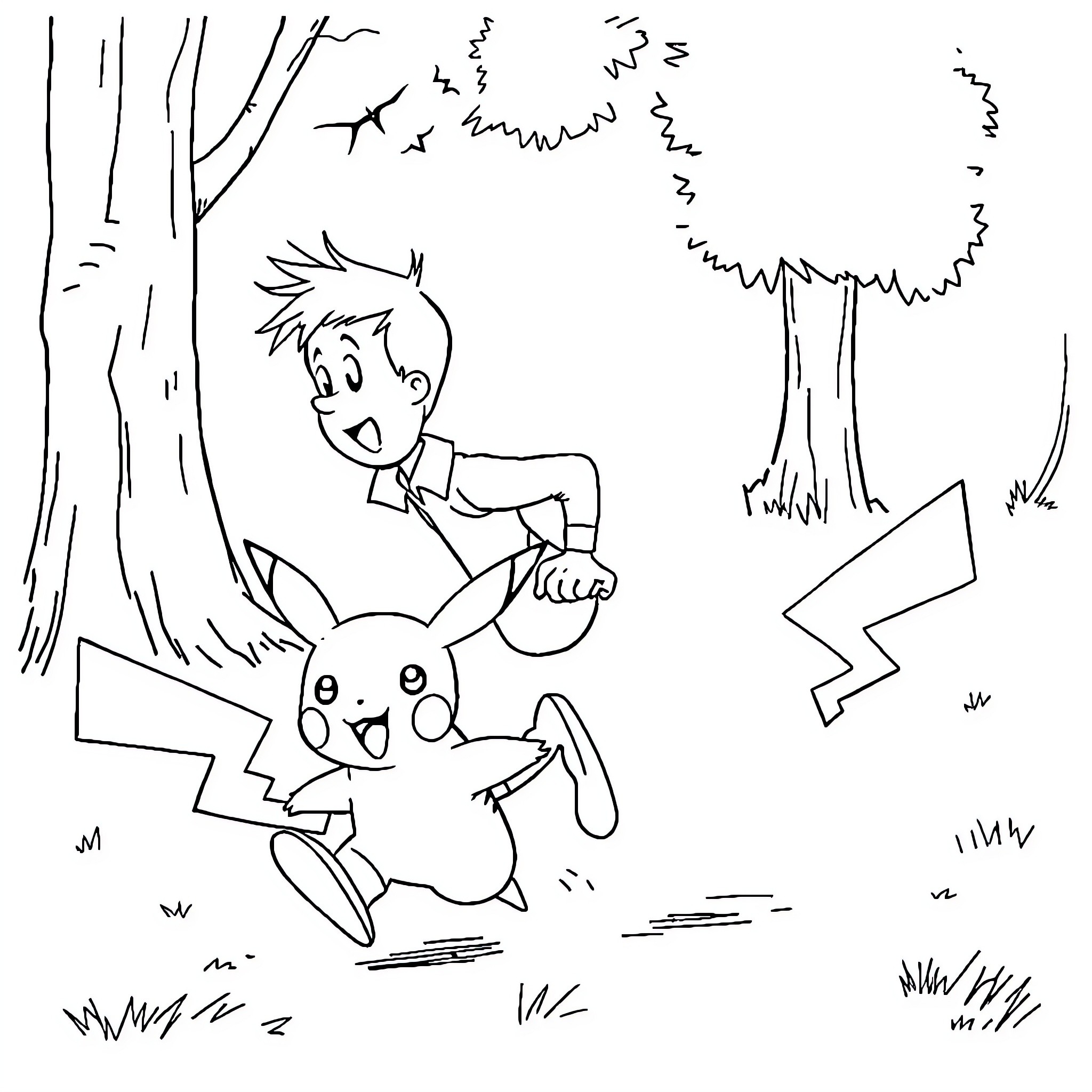 Tintin chasing and playing with Pikachu in the forest Coloring Page (free black-and-white line drawing printable PDF for all, from beginners to advanced learners, including children, teens, adults, and seniors)