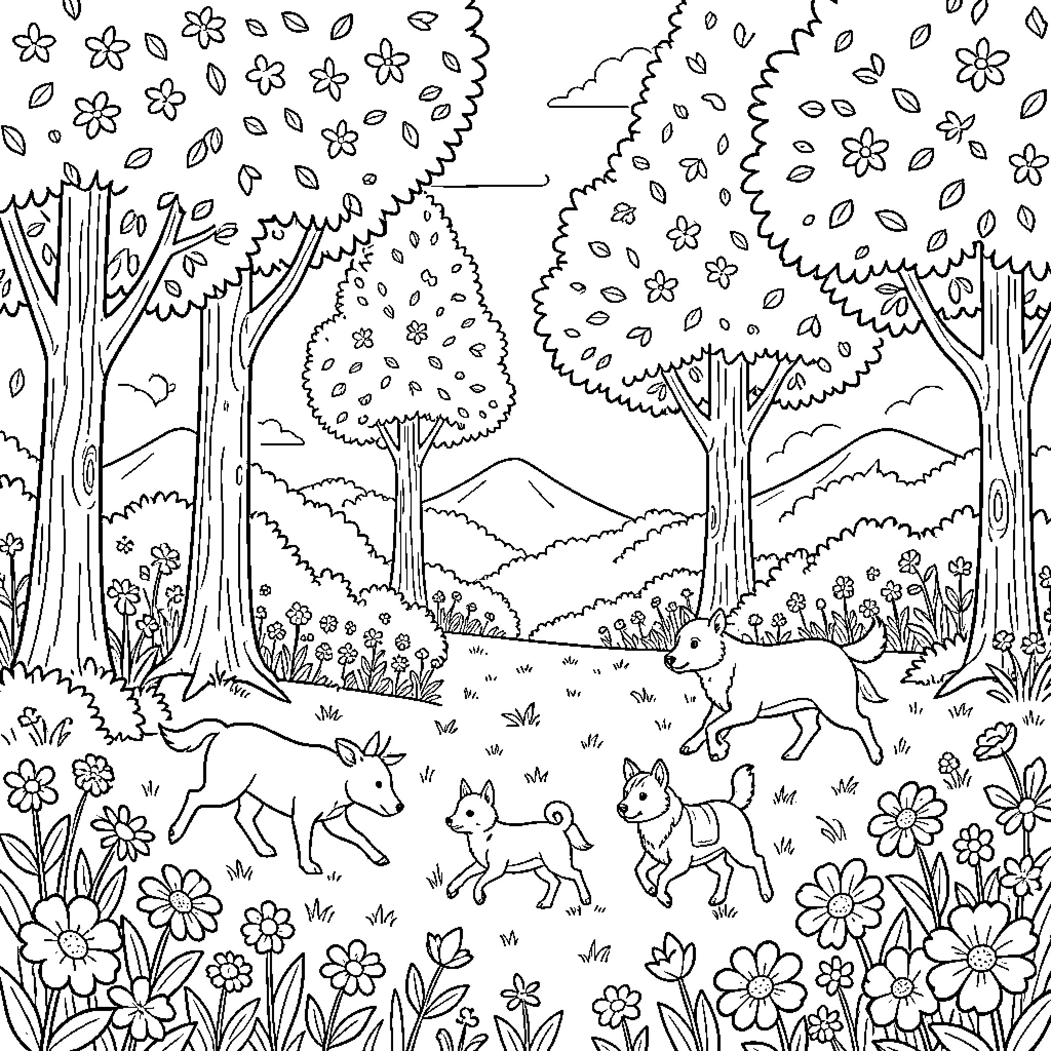 Nature's Vibrant Woodland Playground Coloring Page (free black-and-white line drawing printable PDF for all, from beginners to advanced learners, including children, teens, adults, and seniors)