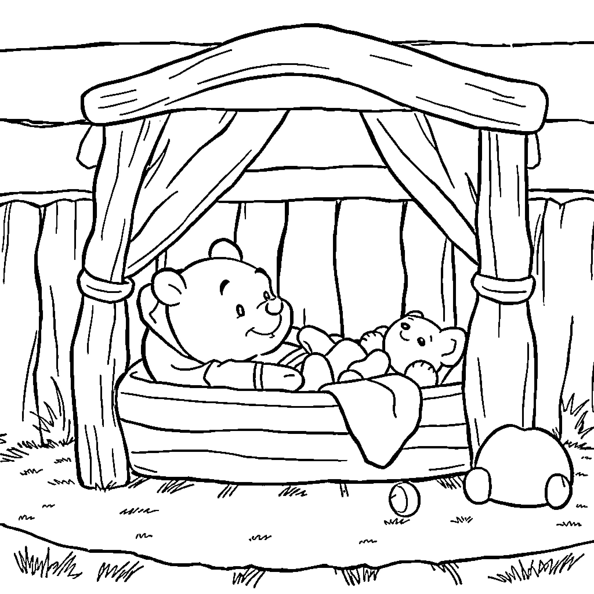 Winnie The Pooh relaxing in cozy hammock Coloring Page (free black-and-white line drawing printable PDF for all, from beginners to advanced learners, including children, teens, adults, and seniors)