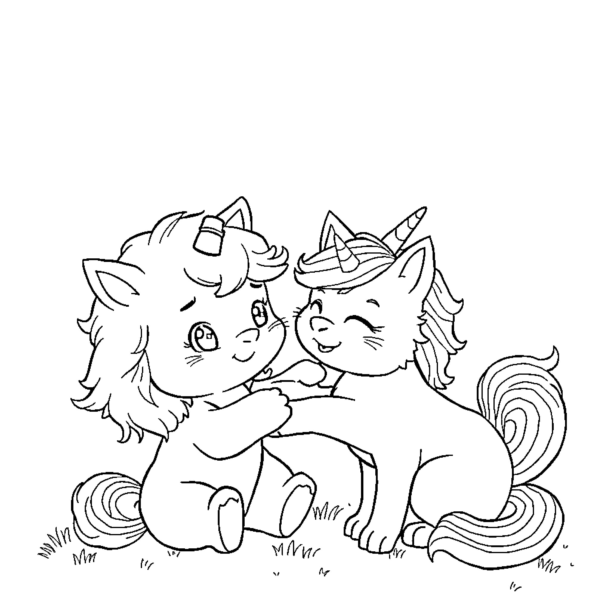 Labubu Kitties Cuddling Happily Coloring Page (free black-and-white line drawing printable PDF for all, from beginners to advanced learners, including children, teens, adults, and seniors)
