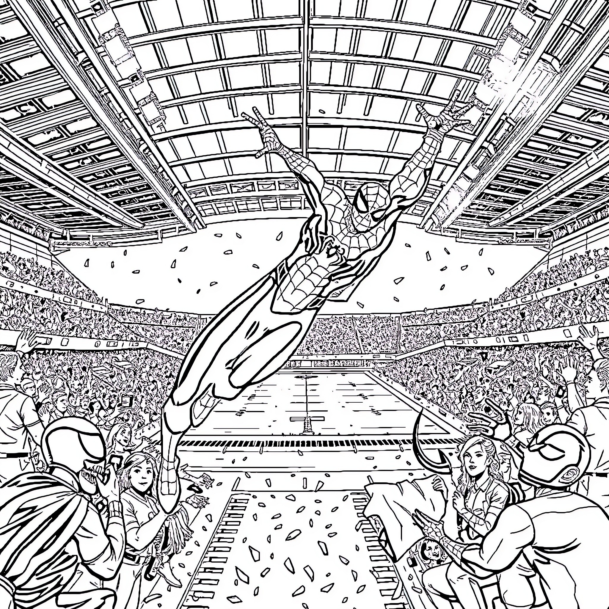 Spiderman swinging heroically in a packed stadium Coloring Page (free black-and-white line drawing printable PDF for all, from beginners to advanced learners, including children, teens, adults, and seniors)