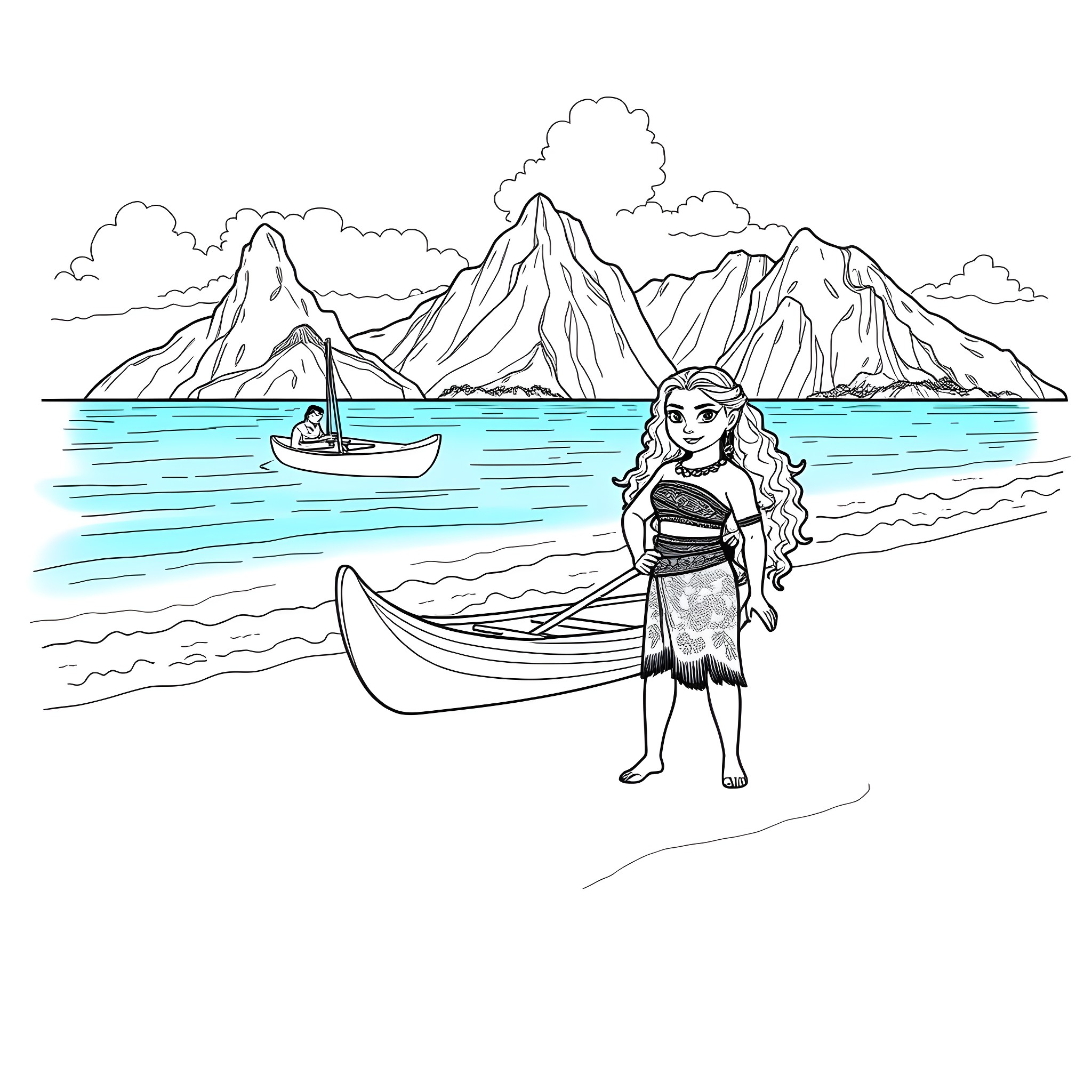 Moana exploring the sea and mountains Coloring Page (free black-and-white line drawing printable PDF for all, from beginners to advanced learners, including children, teens, adults, and seniors)