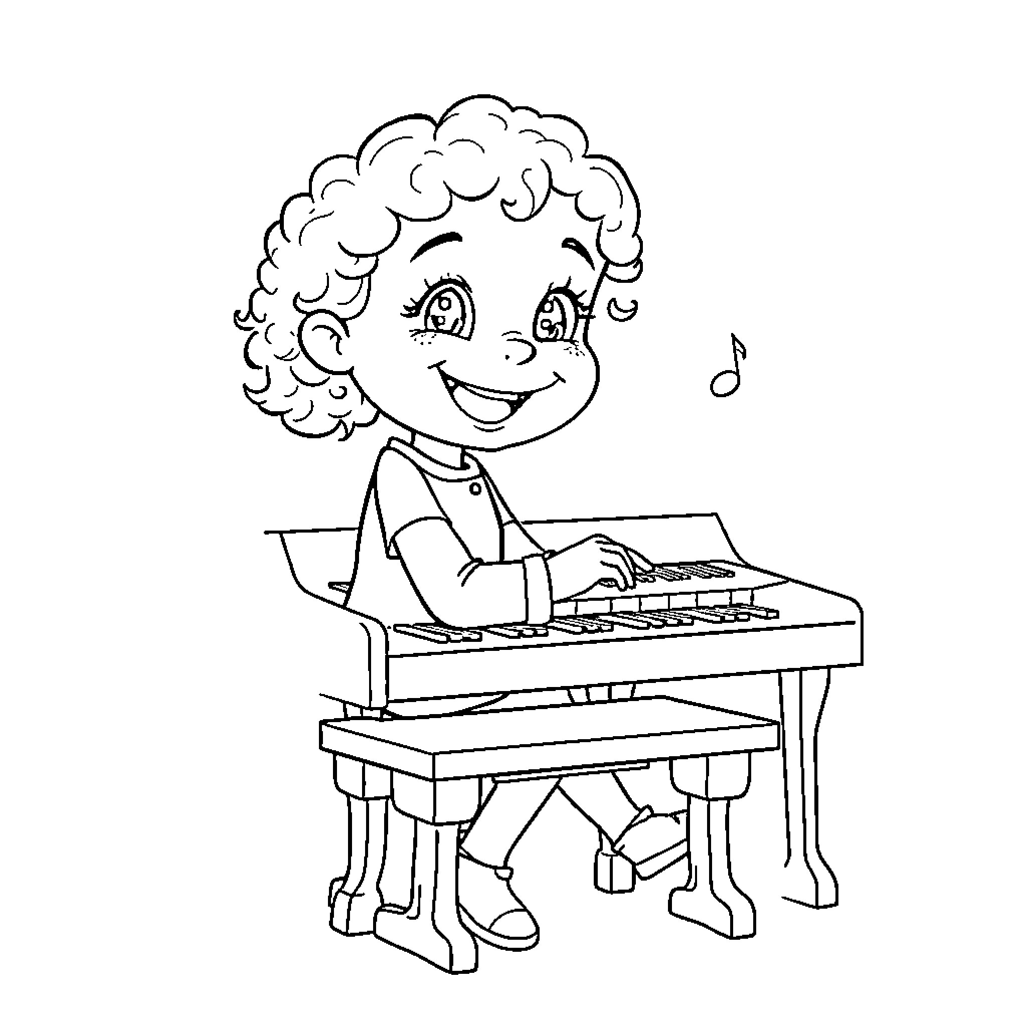 Girl playing happily on keyboard Coloring Page (free black-and-white line drawing printable PDF for all, from beginners to advanced learners, including children, teens, adults, and seniors)