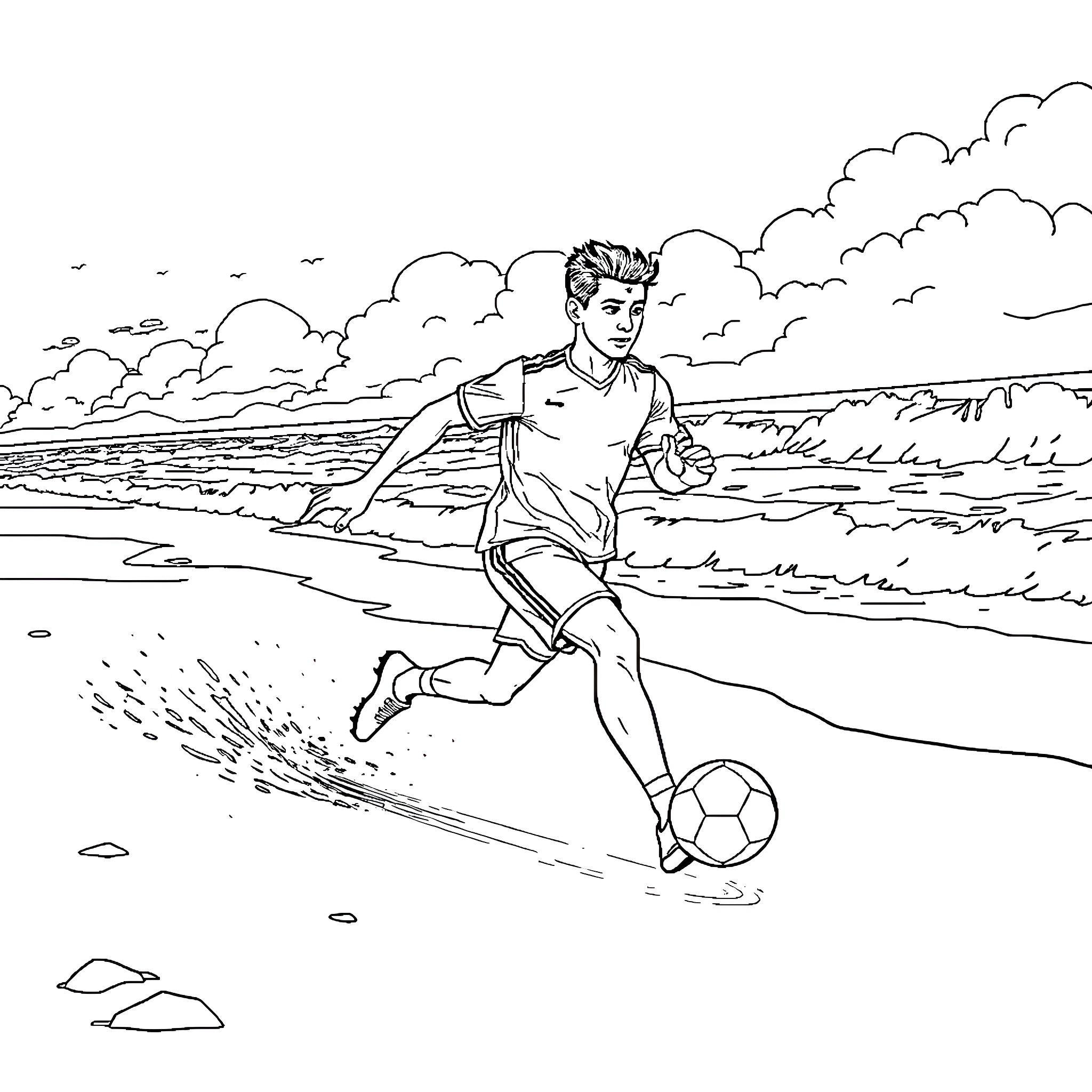 Luis Diaz playing soccer on the beach Coloring Page (free black-and-white line drawing printable PDF for all, from beginners to advanced learners, including children, teens, adults, and seniors)