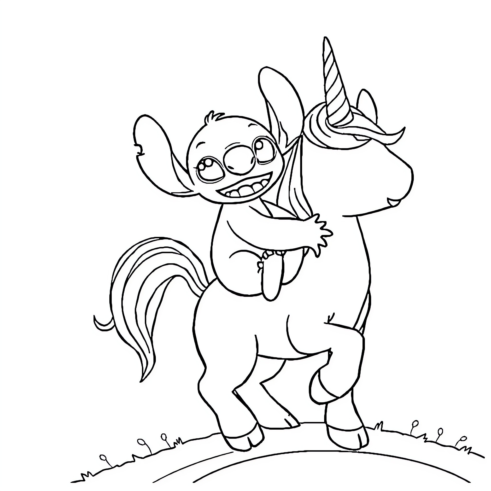 Stitch riding a whimsical unicorn Coloring Page (free black-and-white line drawing printable PDF for all, from beginners to advanced learners, including children, teens, adults, and seniors)