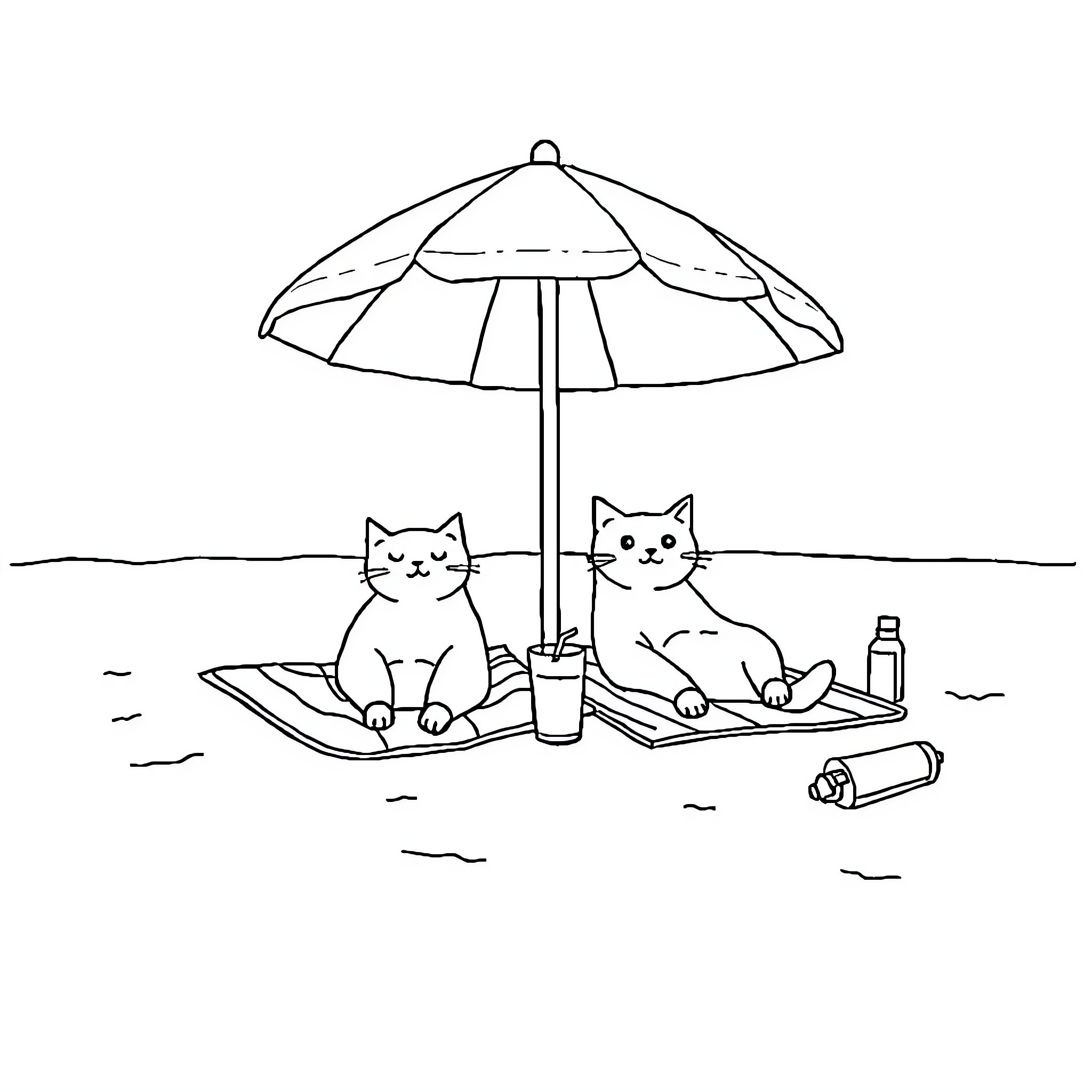 Cats relaxing under beach umbrella Coloring Page (free black-and-white line drawing printable PDF for all, from beginners to advanced learners, including children, teens, adults, and seniors)