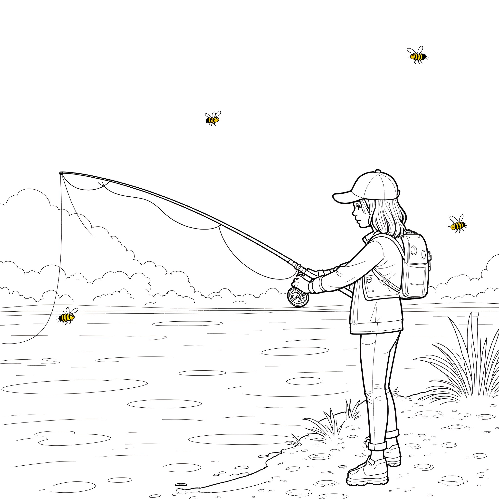Girl fishing by the lake with bees Coloring Page (free black-and-white line drawing printable PDF for all, from beginners to advanced learners, including children, teens, adults, and seniors)