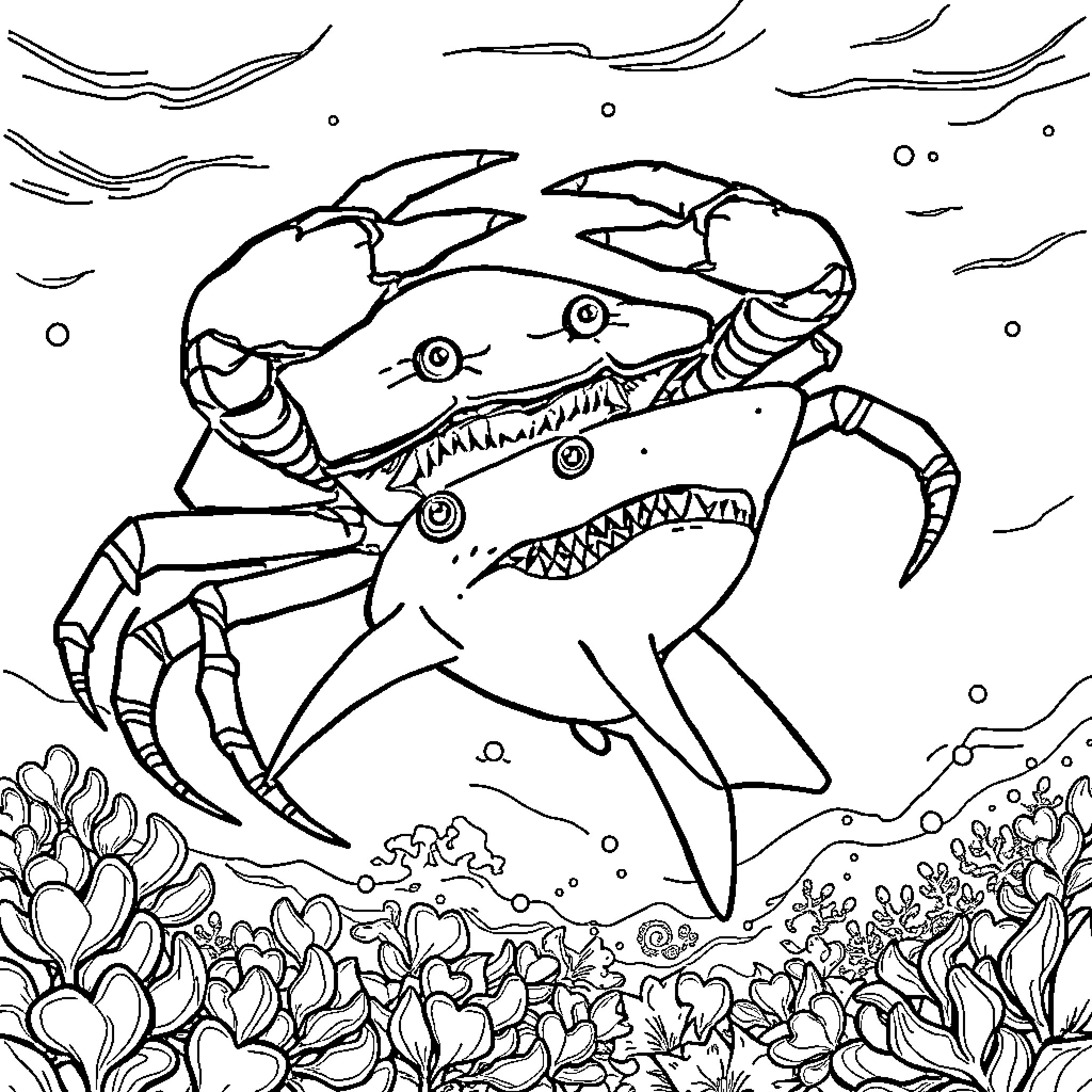 Crab exploring underwater seascape Coloring Page (free black-and-white line drawing printable PDF for all, from beginners to advanced learners, including children, teens, adults, and seniors)